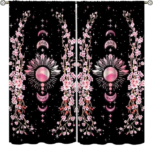 Cortinas opacas con diseño de luna y flores, estilo japonés, para dormitorio, fase negra y rosa, para jardín, estética, plantas naturales, 21
