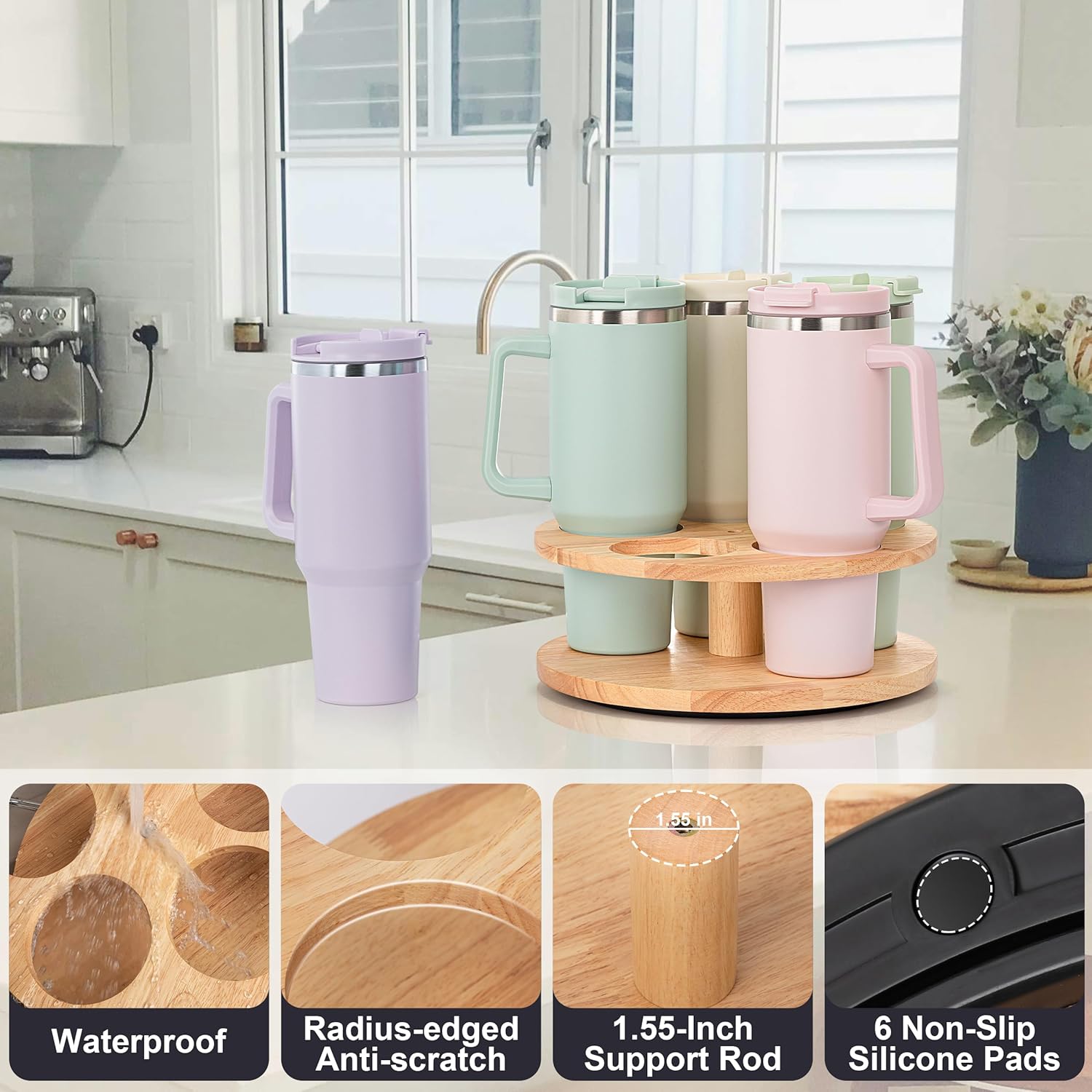 MyLifeUNIT Water Bottle Organizer for Stanley Cups 40oz/30oz/20oz, 360° Rotating Wooden Tumbler Organizer, Stanley Cup Holder for Cabinet Storage (Yellow) - Image 6