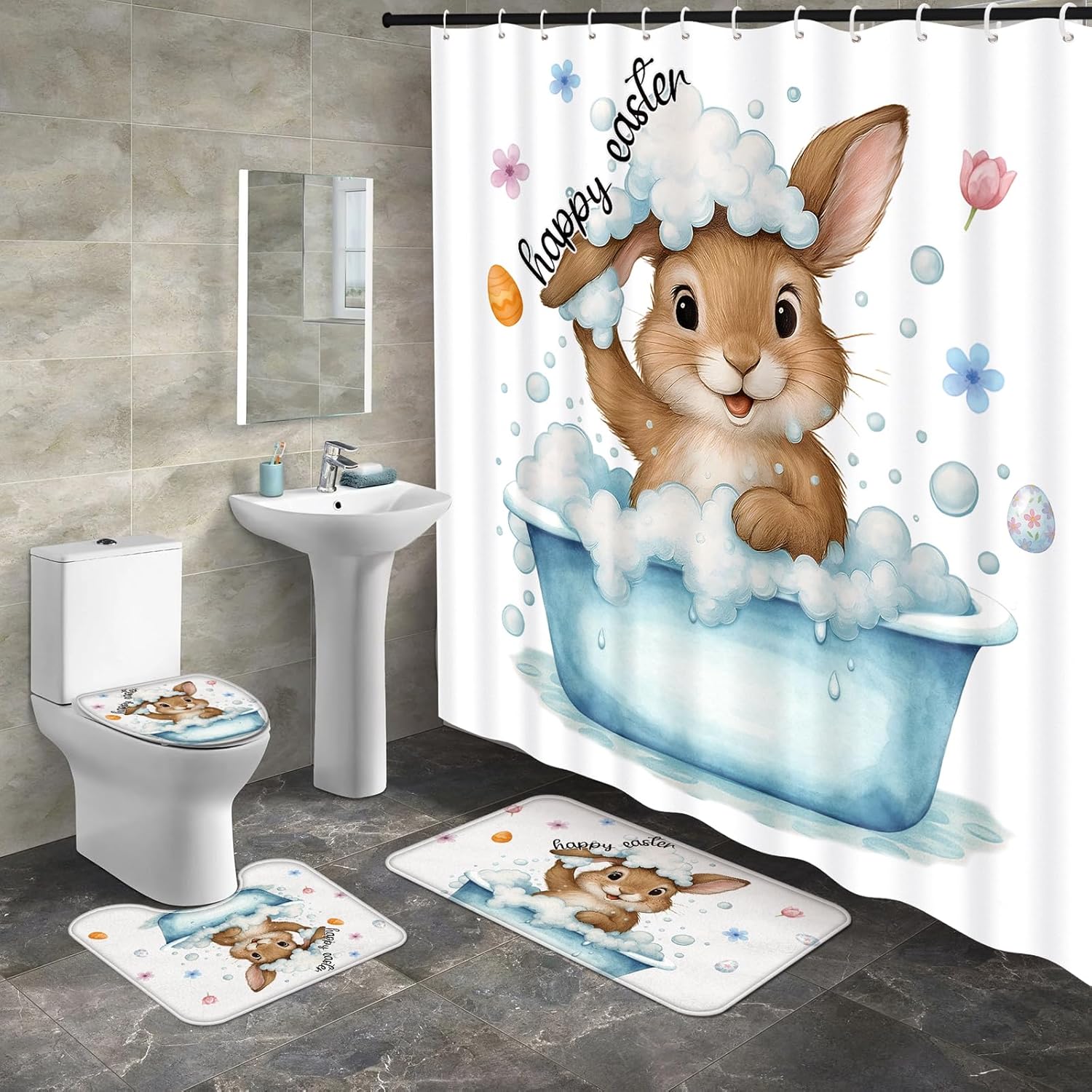 Tieshankao 4pcs Easter Shower Curtain Bathroom Set - Bunny Bathtub Non Slip Rugs Toilet Lid Cover Bath Mat with 12 Hooks for Spring