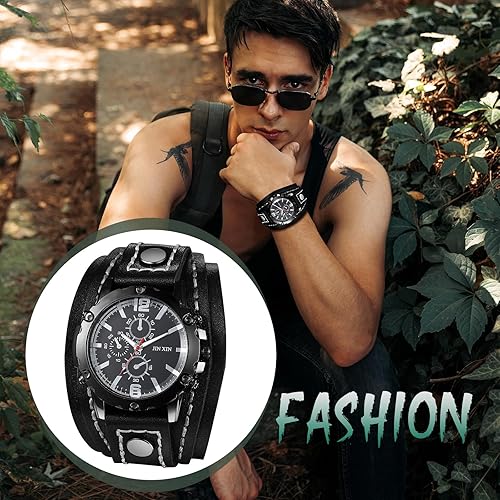 Miniatura 4 de Lancardo Reloj de cuero steampunk para hombre esfera negra correa de cuero multicapa brazalete ancho reloj de cuarzo analógico de tres ojos