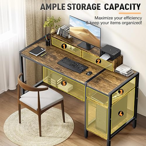 Miniatura 7 de Gimars Escritorio mejorado para computadora de oficina en casa de 47 pulgadas con soporte para monitor, escritorio rústico con estantes ajustables y