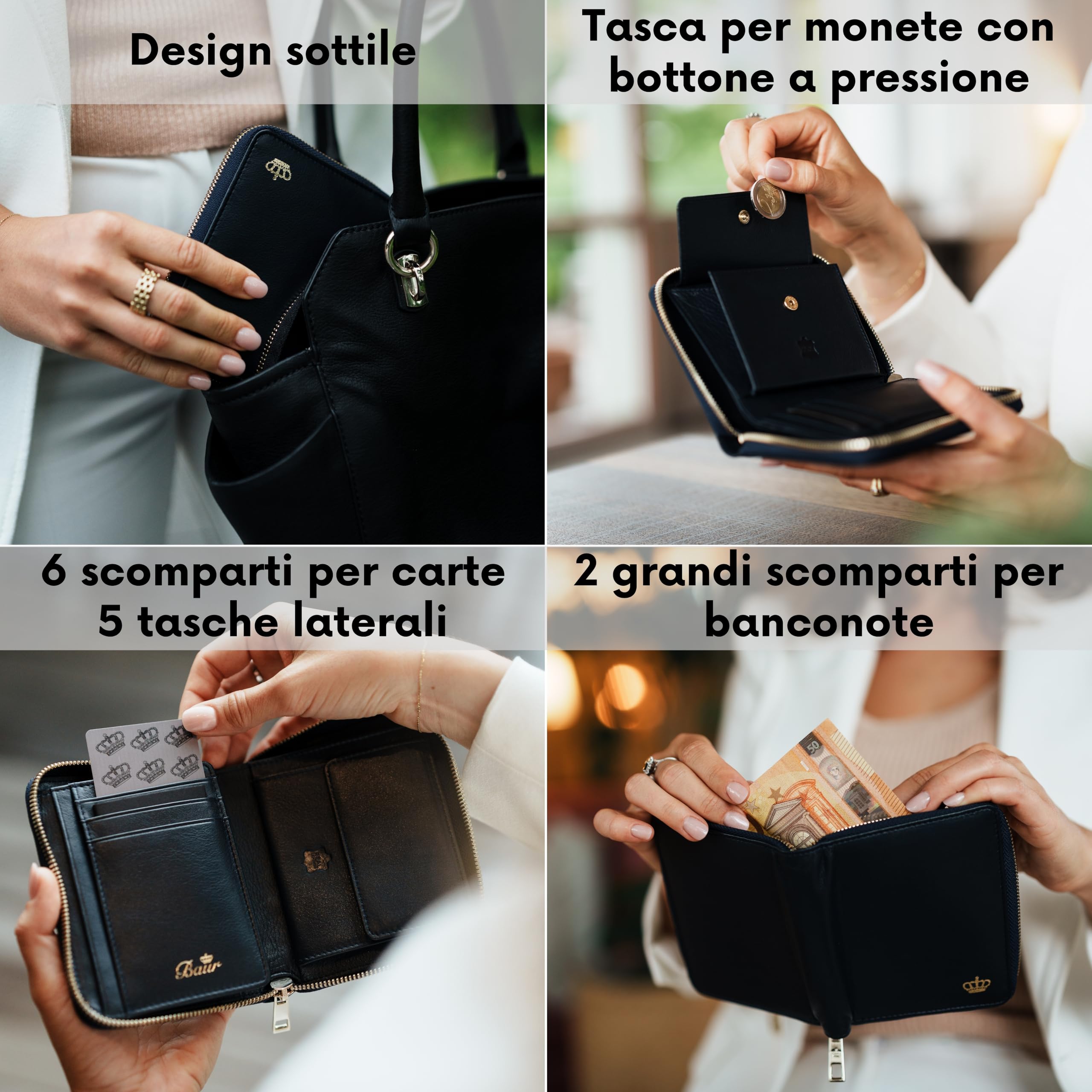 Baur portafoglio da donna – vera pelle nappa con protezione RFID – portamonete con molti scomparti carte e scomparto monete con bottone – cerniera metallica perimetrale (Cerniera oro, Blu scuro)