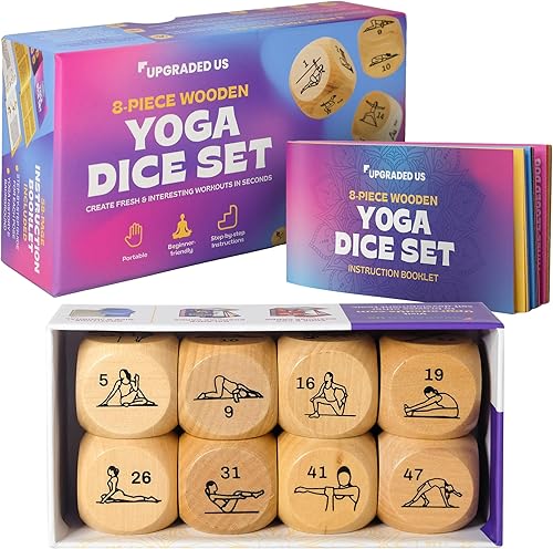 Zinsk Juego de dados de madera para yoga de 8 piezas en caja de almacenamiento de cartón, accesorios creativos y regalos de yogui para mujeres, crea