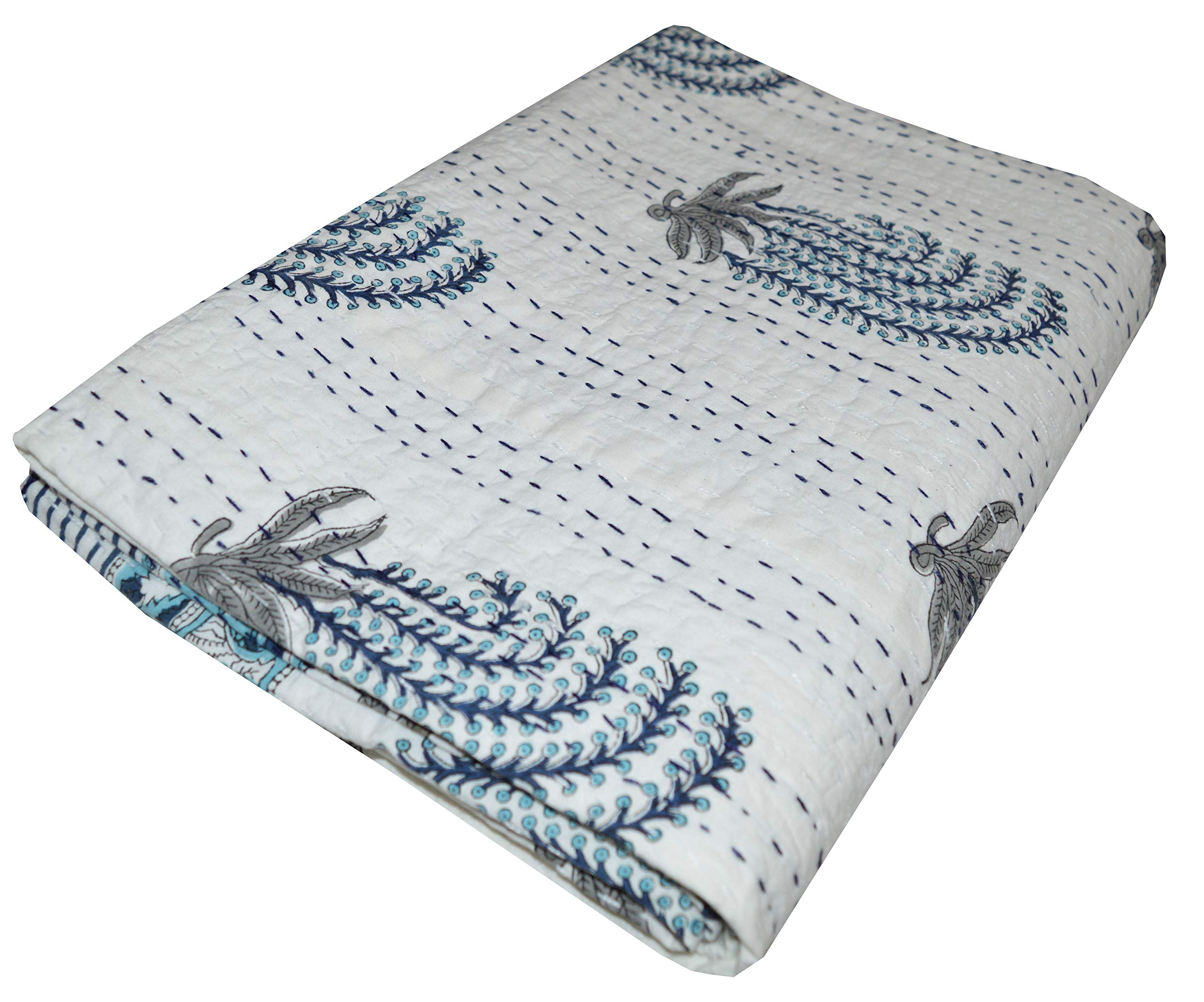 YUVANCRAFTS Manta De Algodón Con Estampado De Bloques De Mano India, Colcha De Algodón Tamaño Queen (blanco, Queen 90 X 108 Pulgadas