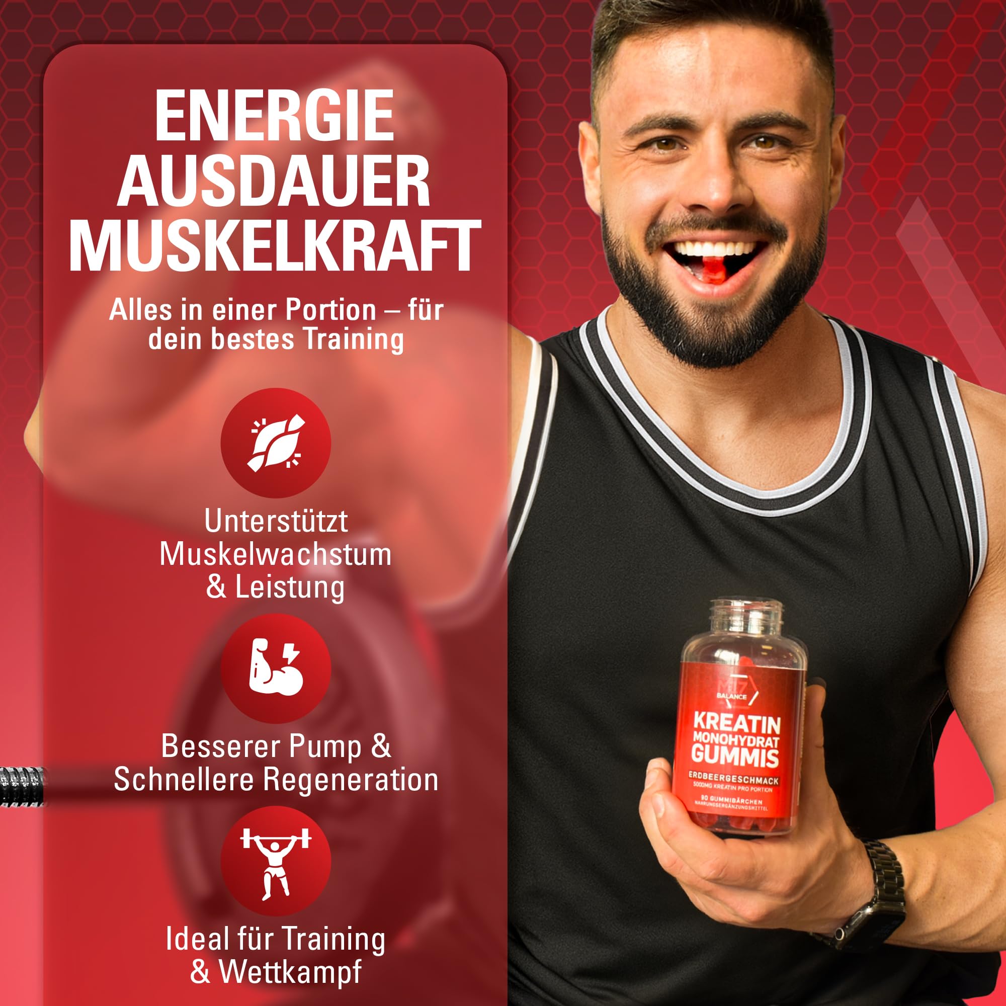 Creatin Monohydrat Gummibärchen - 5000 mg Kreatin mit BCAAs & L-Carnitin pro Dosis - Für Muskelaufbau - Zuckerfrei, Anti-Schmelz-Formel, Vegan, Glutenfrei - 30 Portionen (90 Stück, Erdbeere)