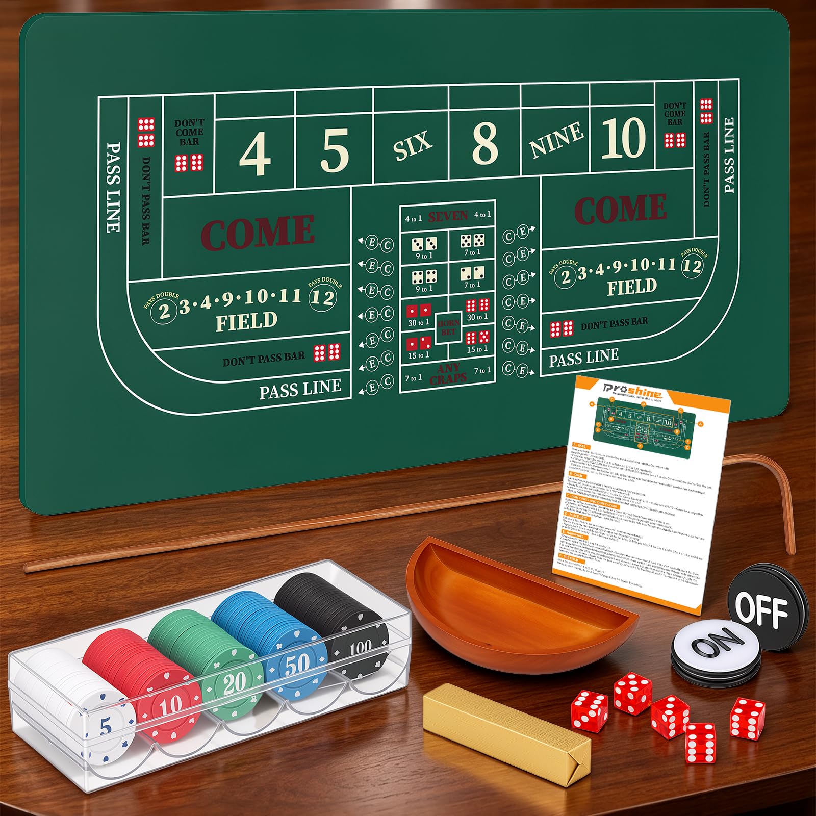 Proshine Craps Tabletop Game Set with 35 * 70" Rubber Layout Mat (Green)