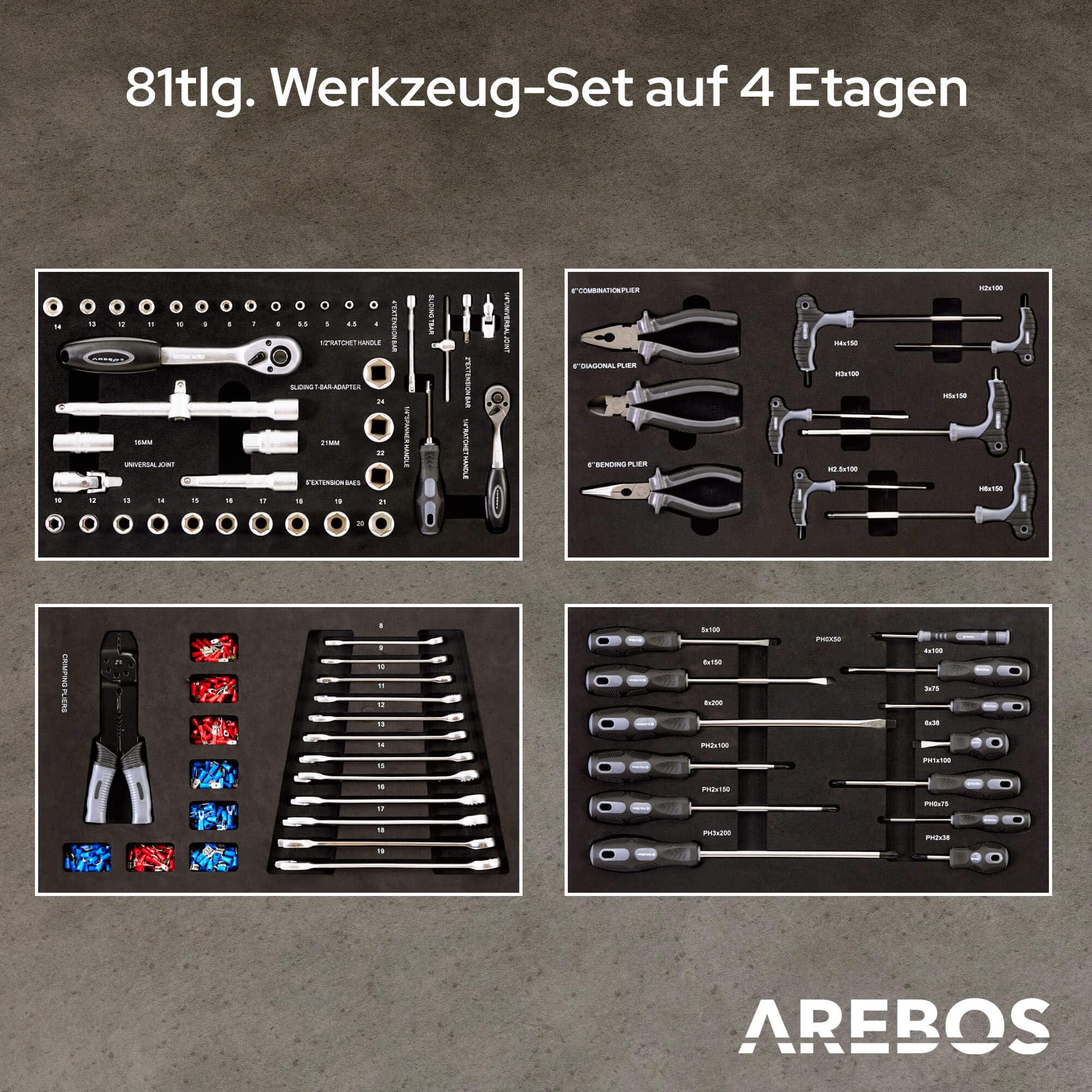 Arebos Werkstattwagen Schwarz | 4 Schubladen inkl. 81-TLG. Werkzeug + großes Fach | inkl. Antirutschmatten | kugelgelagerte Schubladen | Transportsicherung | 2 Rollen mit Feststellbremse