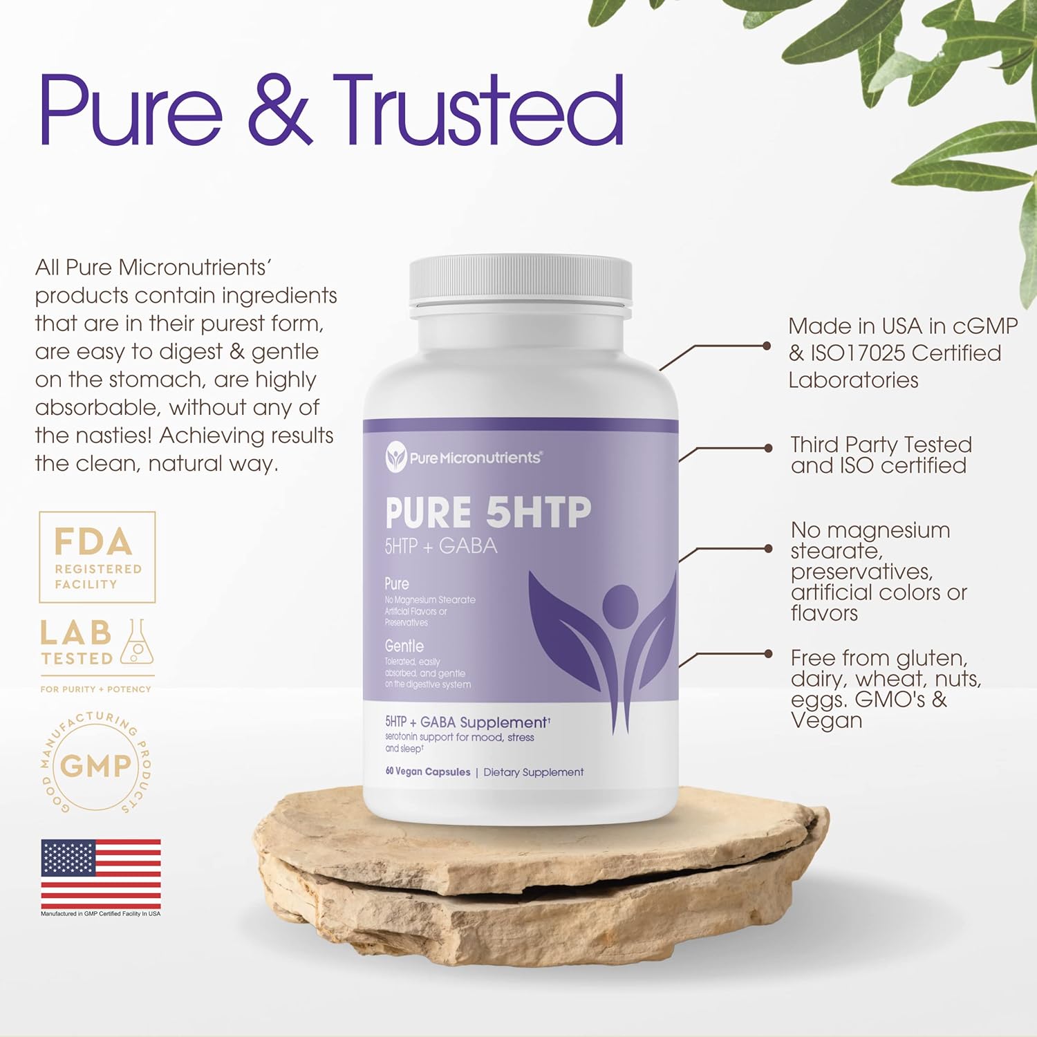 Suplemento Pure 5HTP 5hidroxitriptófano Plus GABA para el sueño el estado de ánimo y el