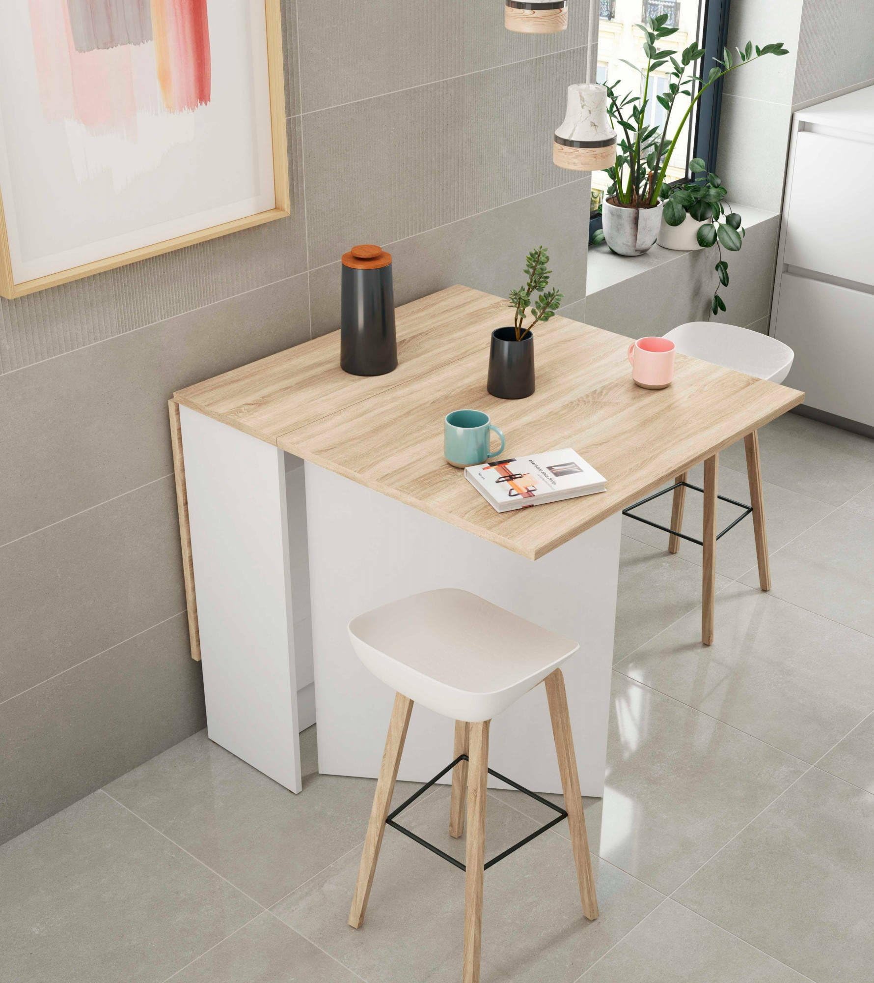 Dmora - Tavolo allungabile Toledo, Tavolo da pranzo pieghevole con piano abbattibile, Tavolo ausiliario richiudibile, 31x77h78 cm, Bianco e Rovere