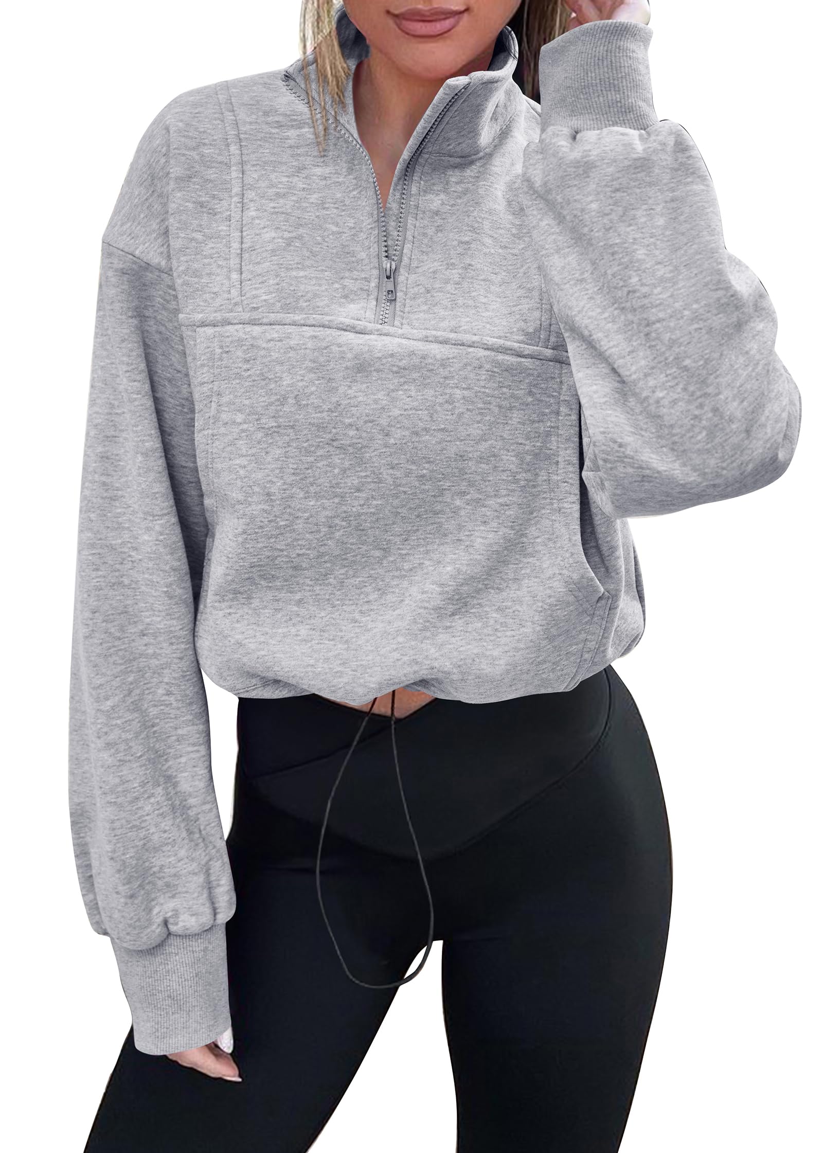 KIRUNDOWomens Fall Fashion 2024 Cropped Sweatshirt Half Zip Pullover Sweatshirts Y2K Crop Workout Tops With Drawstring