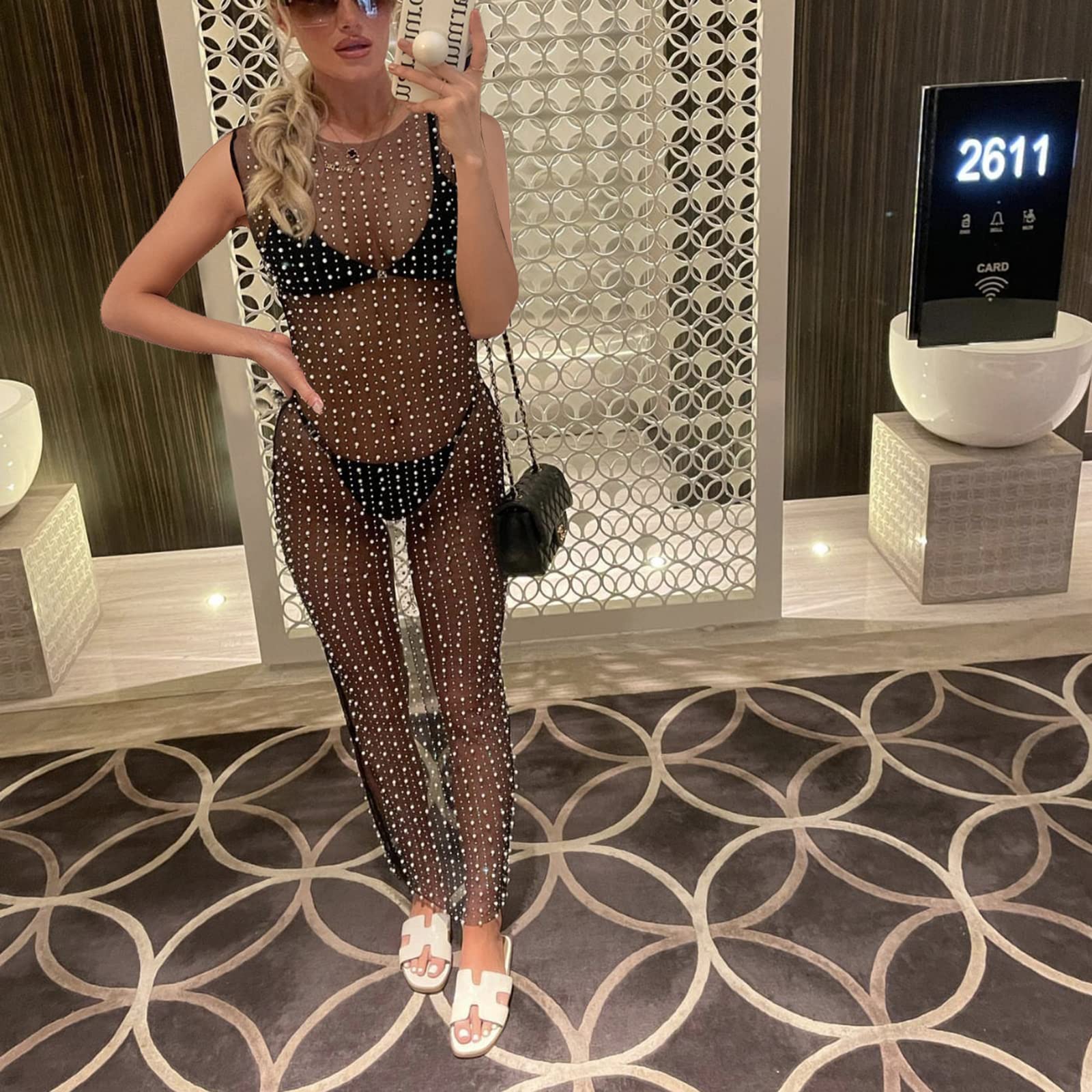 Chloefairy Vestido de malla con diamantes de imitación para mujer, vestido sexy y transparente para traje de baño, traje de baño, ropa de playa