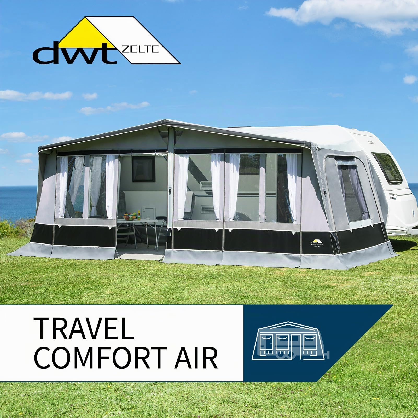 DWT aufblasbares Vorzelt für Wohnwagen - Travel Comfort Air - herausnehmbare Vorder- und Seitenwände - Ganzzelt 240 cm Tiefe - Air-In-System