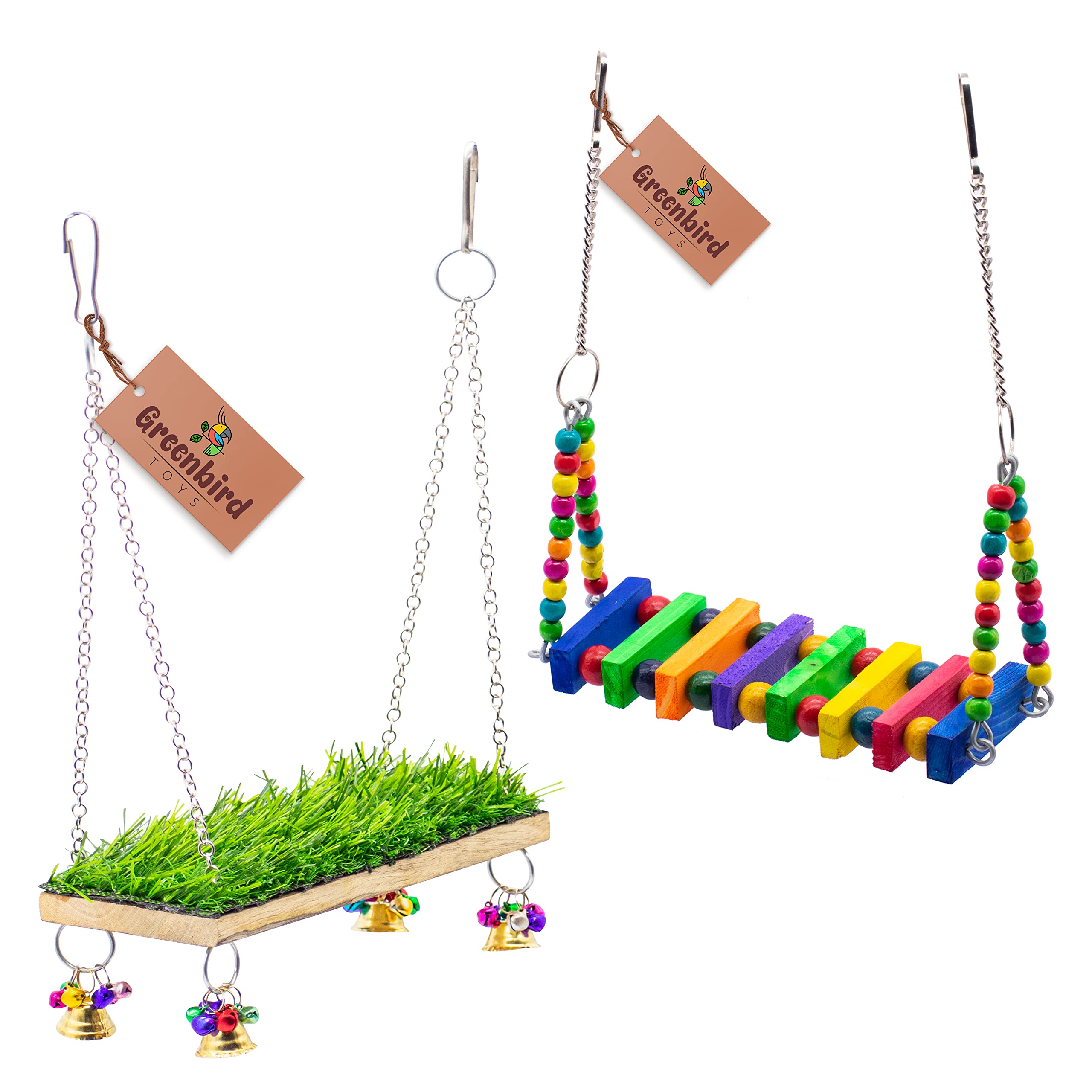 GREENBIRDS Toys Combo Pack of 1 Wooden Multicolor Swing & 1 Grass Swing Playful & Interactive Chewable Cage Toy Hanging Training Aid for Love Birds, Budgies Small & Medium Bird & Parrots (B0BSHF28T1) Amazon Price History, Amazon Price Tracker