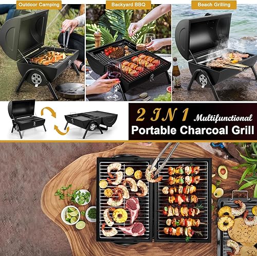 Miniatura 6 de Joyfair Parrilla de carbón portátil (2 en 1 de doble cara), pequeña parrilla de mesa con bandeja de alimentos y estante para acampar al aire libre,