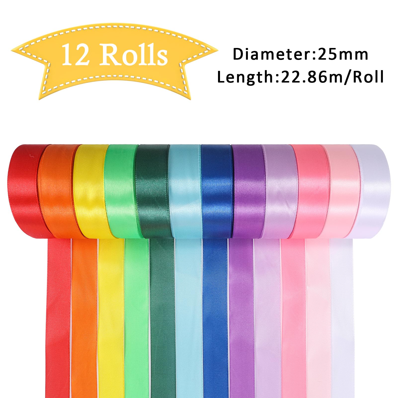 12 Nastri in Satin di Poliestere, 25 mm x 22 m, Nastro Decorativo per Fai da Te e Artigianato, Confezione Regali, Fiocchi, Decorazioni Matrimonio