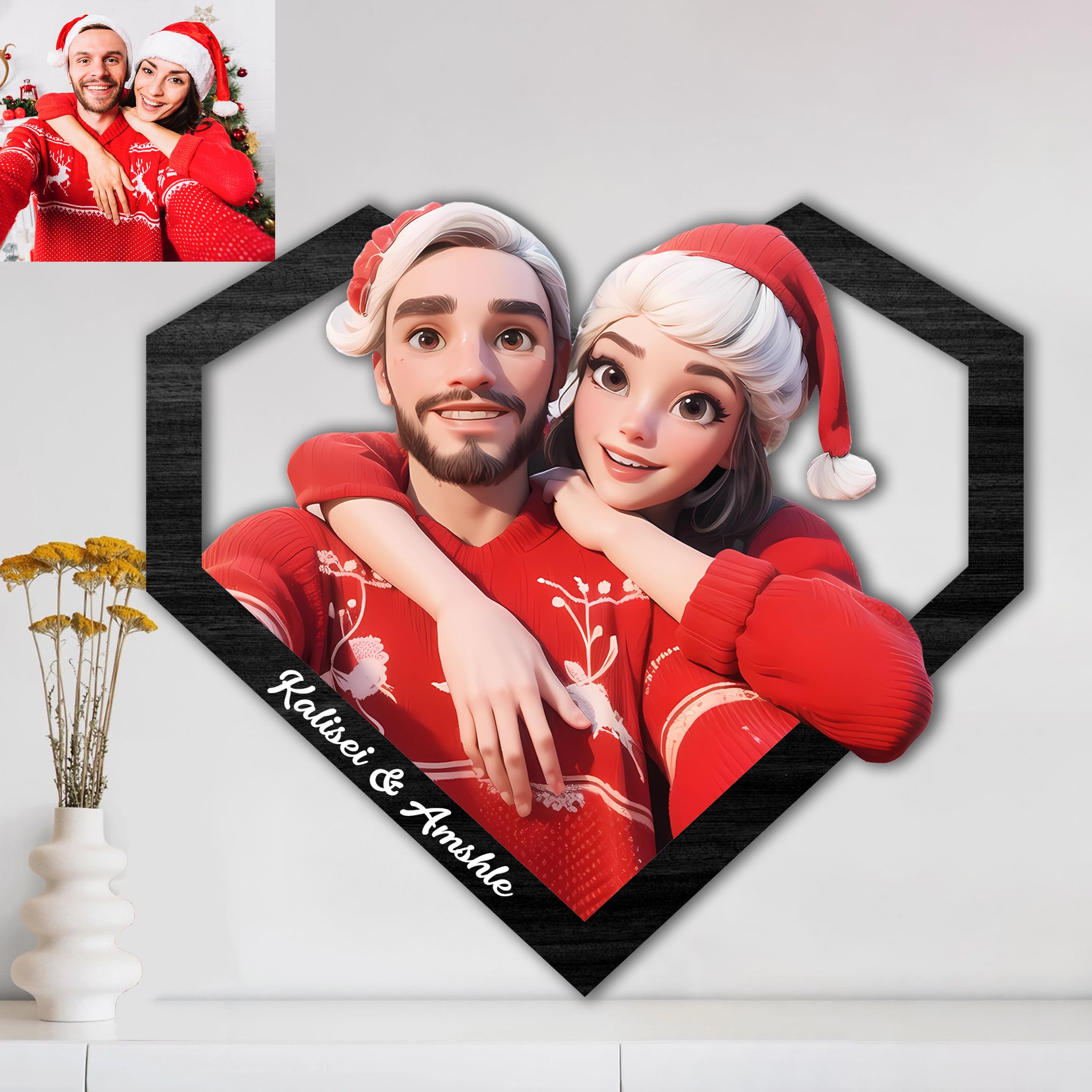 Noonative Heart Personalized 3D Cartoon Portrait Wooden Photo Frame,Custom Family Photo Wall Art Plaque Sign Christmas Anniversary Birthday Gift For Family Boyfriend Girlfriend