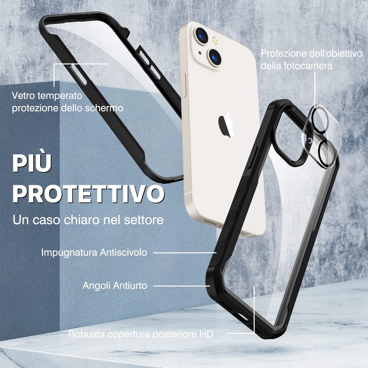 CENHUFO Cover iPhone 14/iPhone 13, con Protezione Schermo Vetro Temperato e Pellicola Fotocamera [9H HD] 360 Gradi Antiurto Case Rugged Fronte Retro Doppia Custodia per iPhone 14/iPhone 13 - Nero