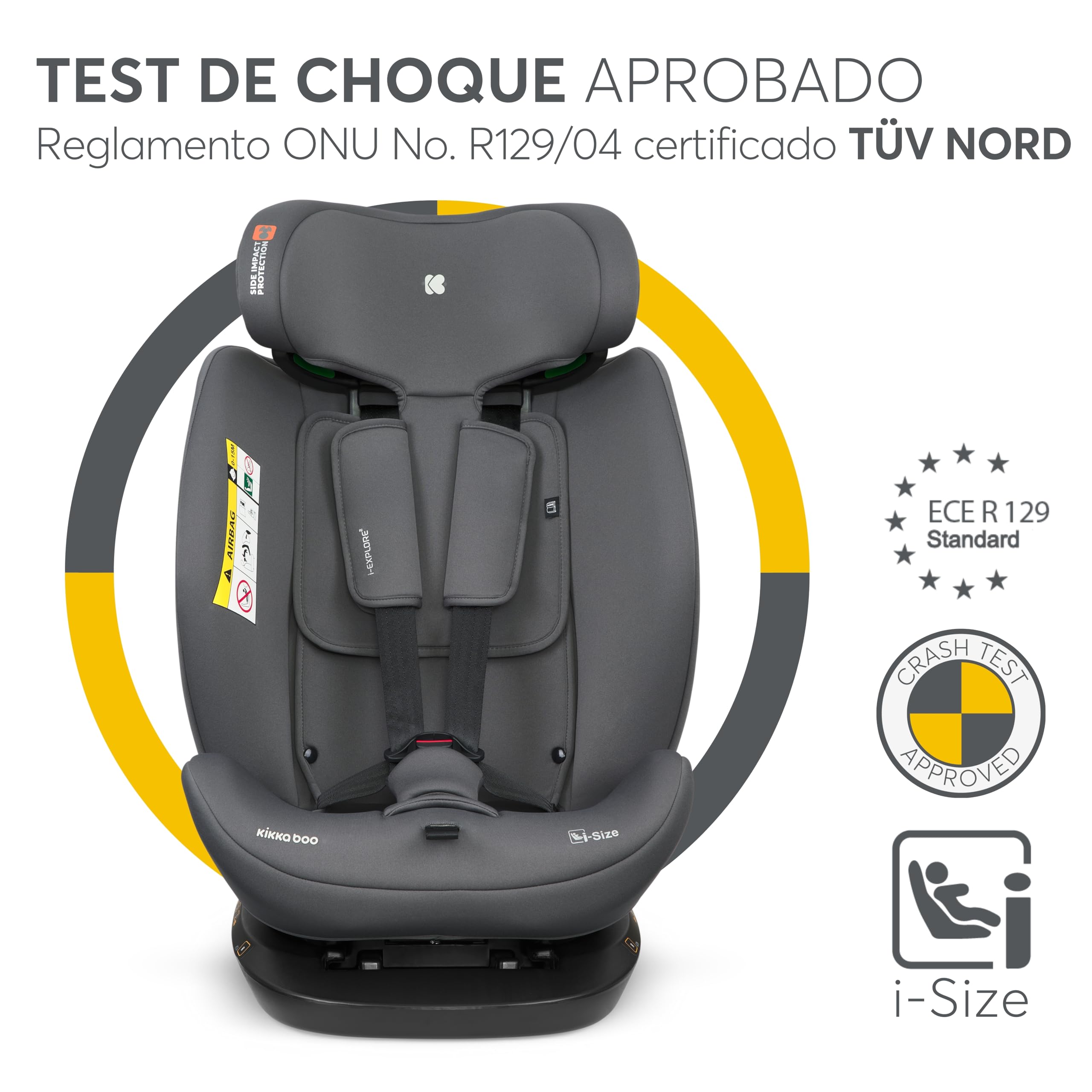 KikkaBoo Silla Coche Bebé sin ISOFIX i-EXPLORE 2, Grupo 0 1 2 3, i-Size 40-150 cm, Reclinable, 0-12 Años, Reposacabezas 14 Posiciones, Cojín y Arnés 5 Puntos, Grey - 3