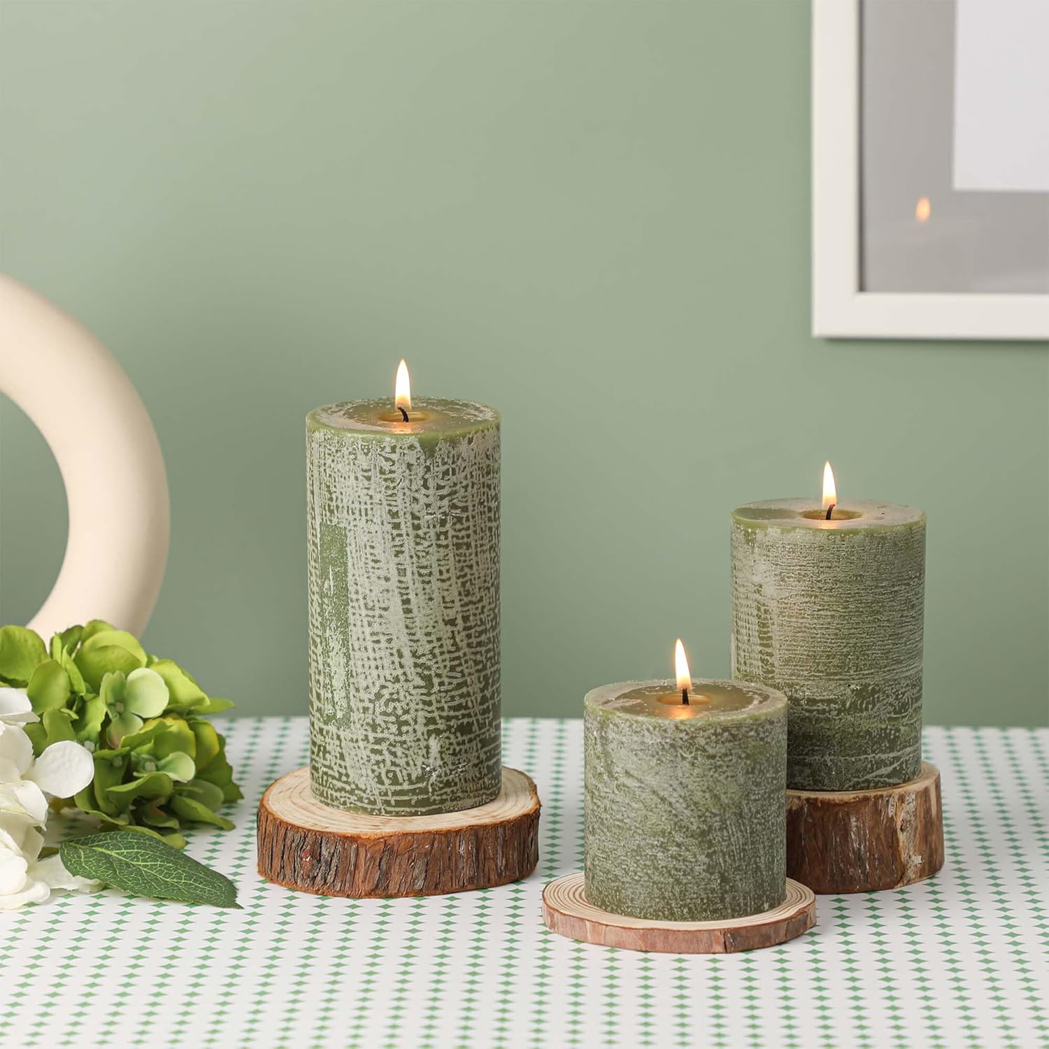 3x4 Inch Moss Green Pillar Candles - Set of 3, Long Clean Burning, Smokeless Dripless Candles for Spring Home Decor, Dinner Table, Bathroom, Rustic Decor - Image 3
