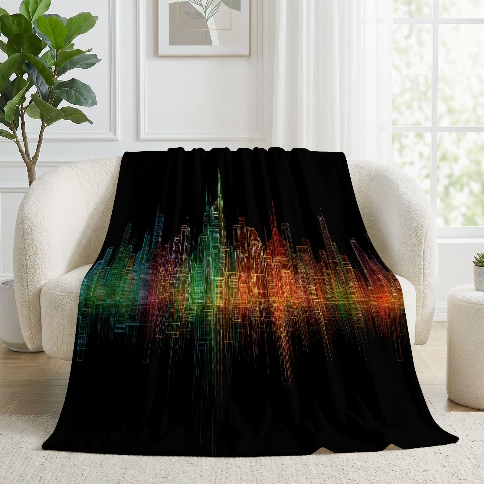 Fajna technologia, przytulny koc, neonowe miasto panorama miasta, 220 x 240 cm, narzuta na sofę, miękki, ciepły koc wełniany i polarowy, narzuta na kanapę