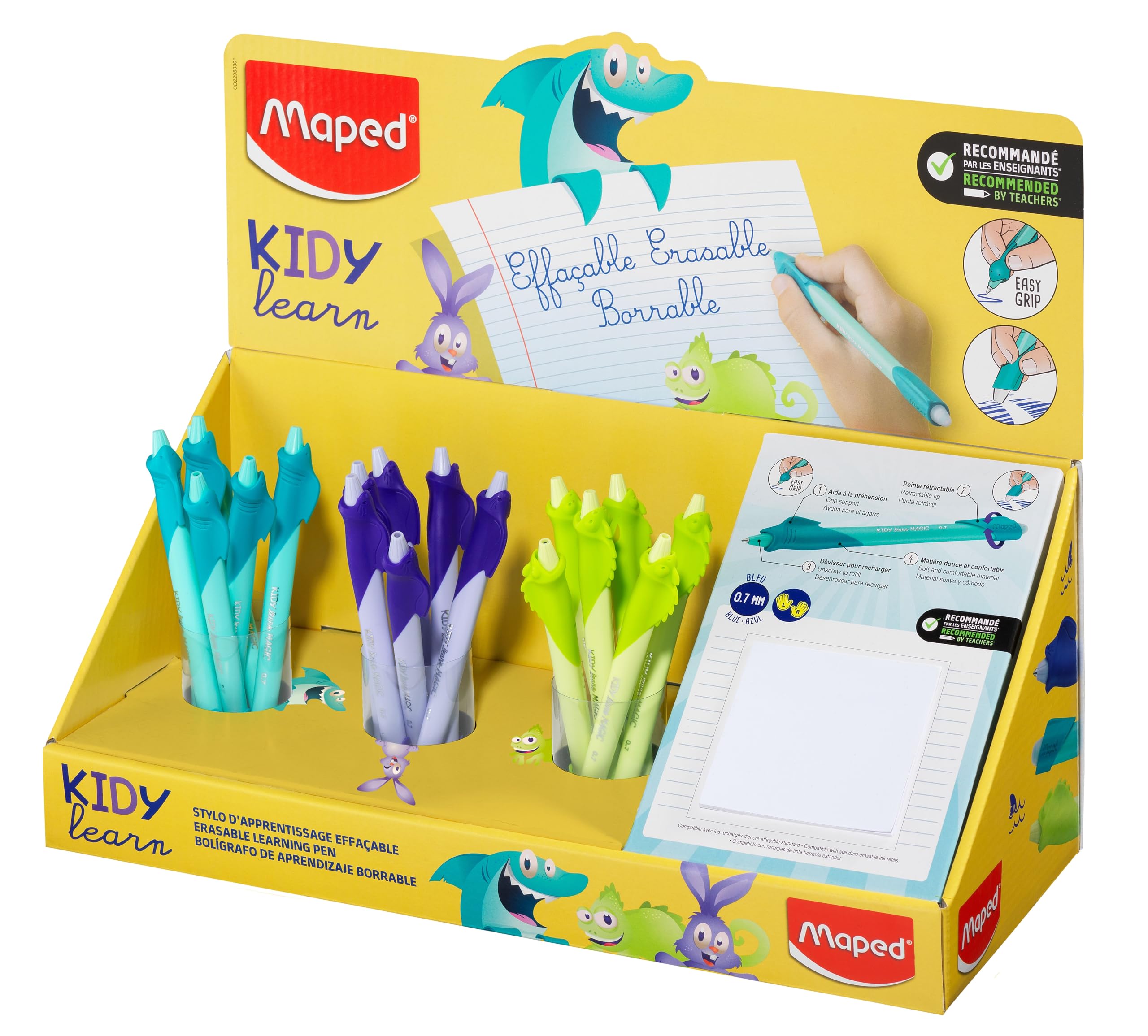 Maped - Radierbarer Stift Kidy Learn Display – Kugelschreiber für Kinder mit integriertem Radiergummi, nachfüllbar und ergonomisch – Schulbedarf zum Erlernen des Schreibens – Zubehör für den