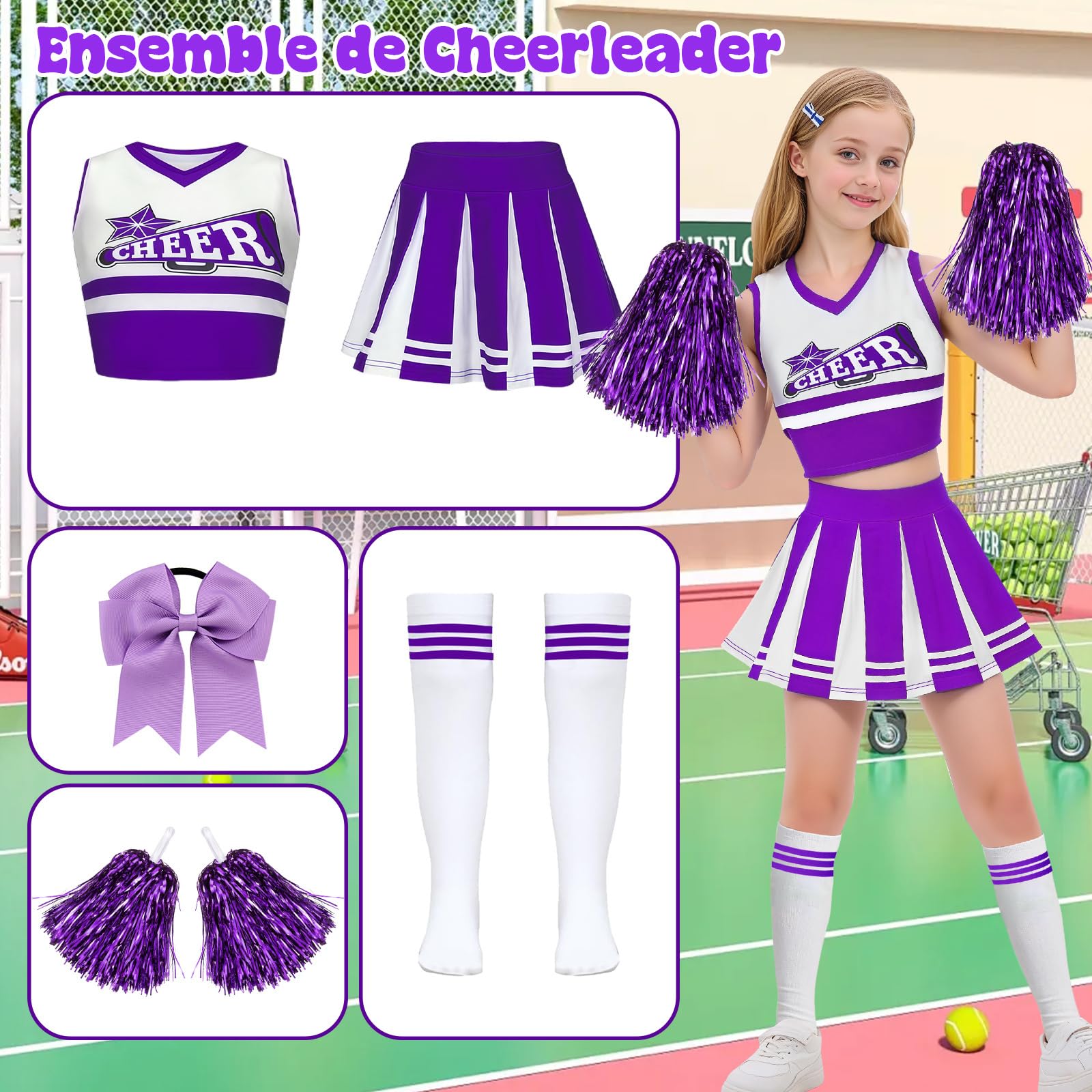 Deguisement Pompom Girl Deguisement Cheerleader avec Pom Poms Nœud Et Chaussettes Costume De Cheerleader Enfant Uniforme de Pom-Pom Girl Pour Carnaval Cosplay Mascarade Halloween FêTe Performance - 3