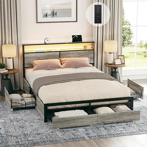 Miniatura 11 de HAUSOURCE Bastidor de cama Queen con 4 cajones de almacenamiento, base de cama con plataforma metálica tamaño Queen con cabecera, estación de carga,