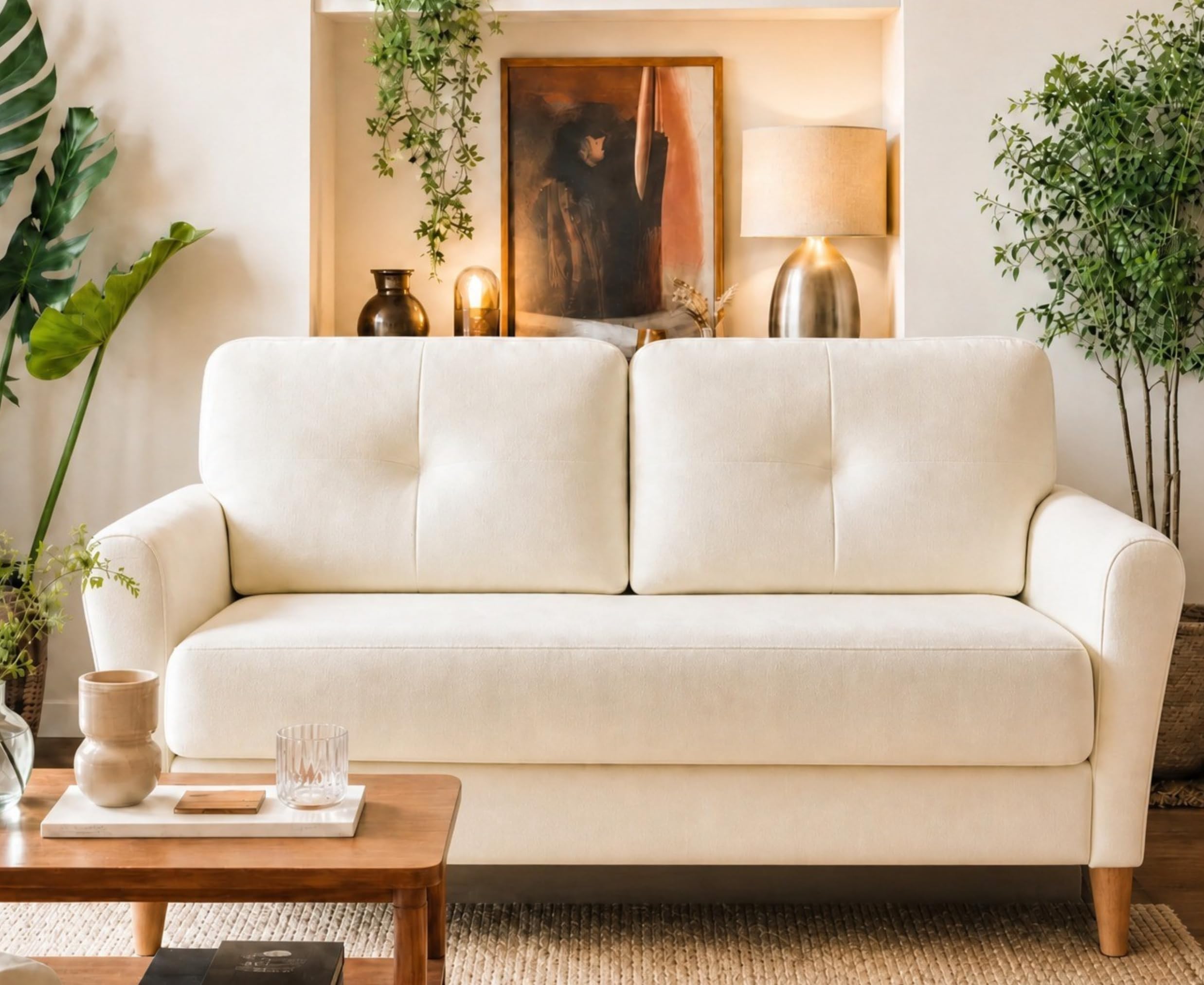 Domusensus Kleines Sofa 2 Sitzer, 123CM kleine Couch 2 Sitzer, Sofa klein mit 53CM extra tiefen Sitzen, MiniSofa Wohnzimmer, Werkzeugfreie Montage Sofas & Couches, Bequemer Samt Mini Couch, Beige
