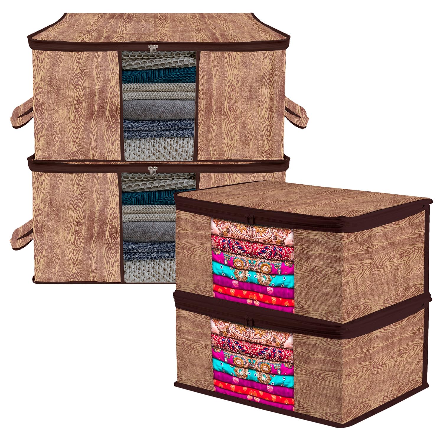 Kuber Industries Zipper Closure Saree Cover & Underbed Stoarge Bag With Handle Set | 2 Pieces Saree & 2 Pieces Underbed Storage Bag Combo Set| Wooden-Texture-Design | Set of 4 | Brown
