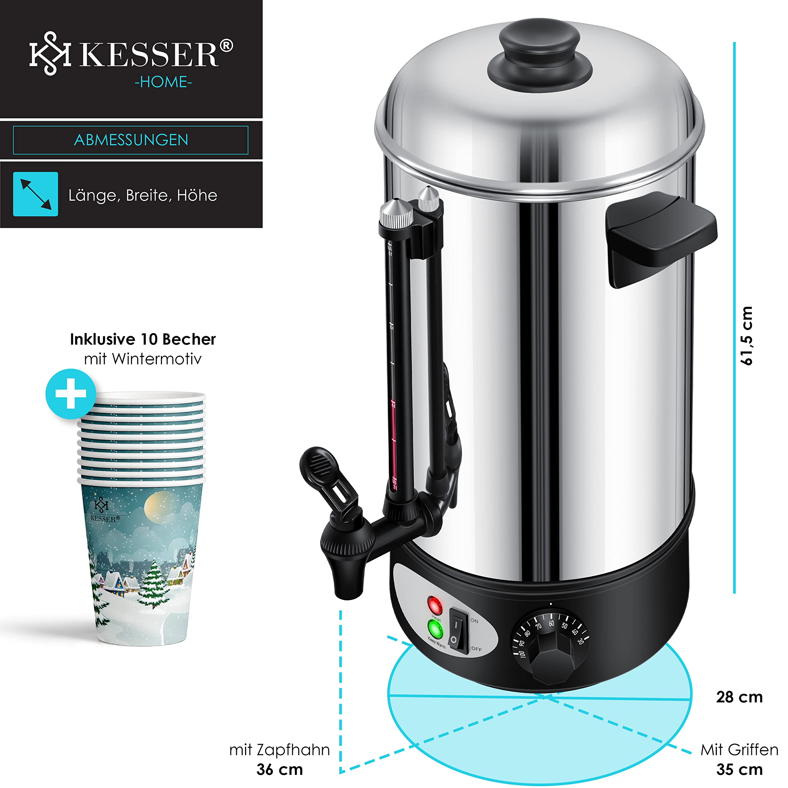 KESSER® Bollitore per vin brulé, cuoci-vin brulé in acciaio inox, macchina per vin brulé, macchina per bevande calde