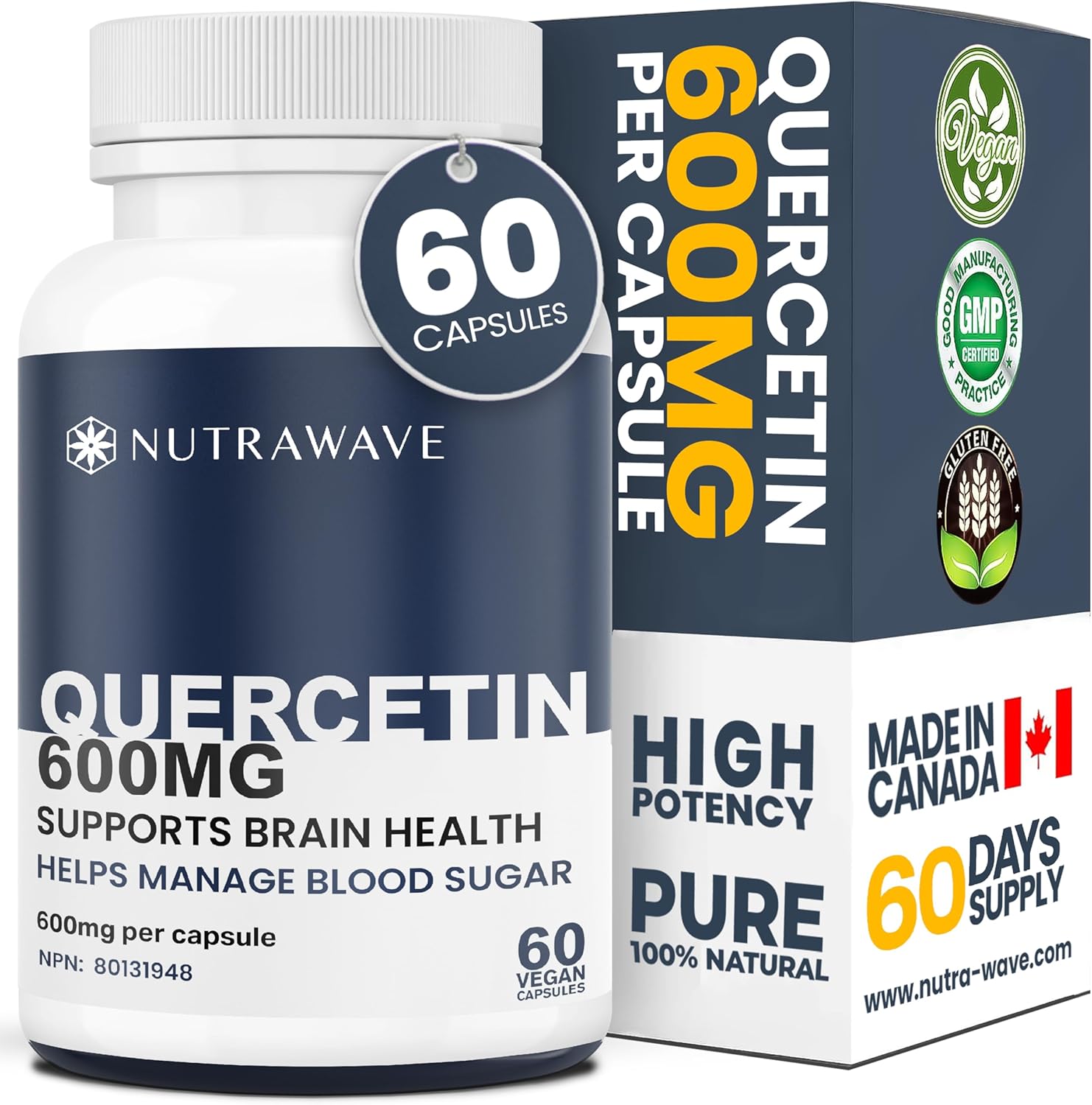 Nutrawave PURE HIGHEST POTENCY 1200mg QUERCETIN Capsules (2 x 600mg capsules) per serving, Powerful Antioxidant Properties, and Reduce Inflammation. Immune Health and Allergy Relief. Helps regulate Blood sugar levels, Supplement for Women and Men, Non-GMO, Vegan, Gluten Free. 60 Capsules.