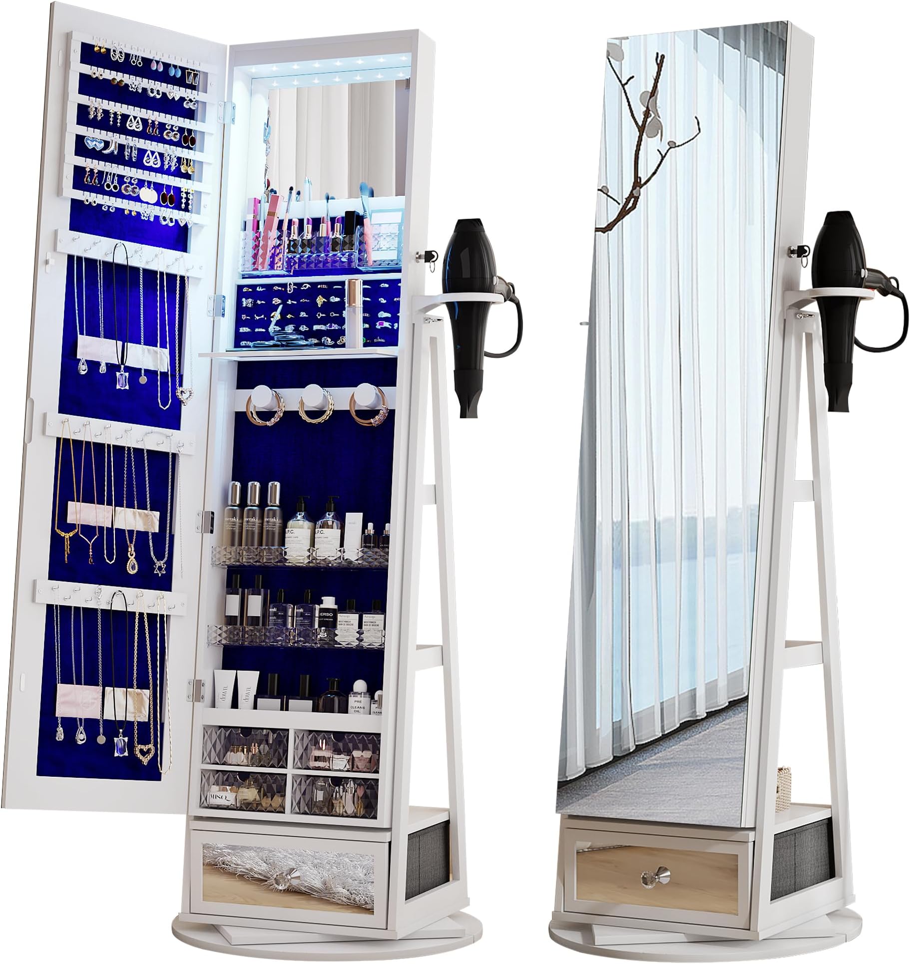 TJYGO Jewelry with Mirror, 6 LED Lights, Rotatable