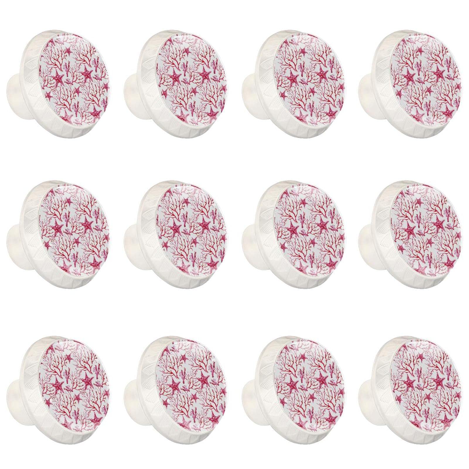 12 tiradores redondos blancos para cajón, acuarela rosa, patrón de estrellas de mar coral