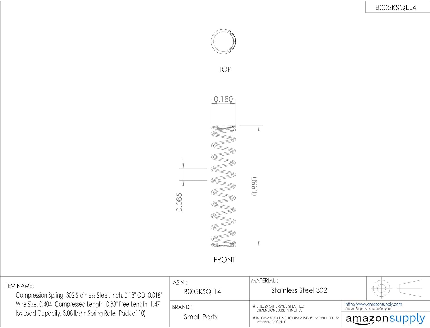 Get Cheap Price Small Parts C01800180380S Compression Spring, 302 Stainless Steel, Inch, 0.18 OD, 0.018 Wire Size, 0.19 Compressed Length, 0.38 Free Length, 1.47 lbs Load Capacity, 7.75 lbs/in Spring Rate (Pack of 10)