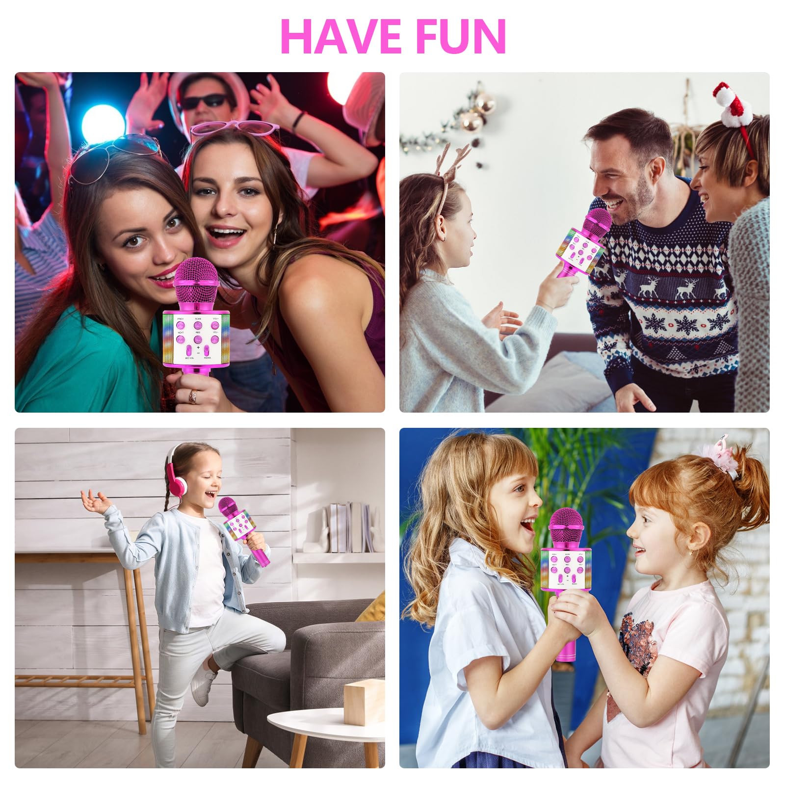 Microphone Karaoké Sans Fil 4 En 1 Bluetooth Portable Avec LED - Haut-Parleur Et Enregistreur Pour Fêtes à La Maison, Enfants & Adultes (Rose)