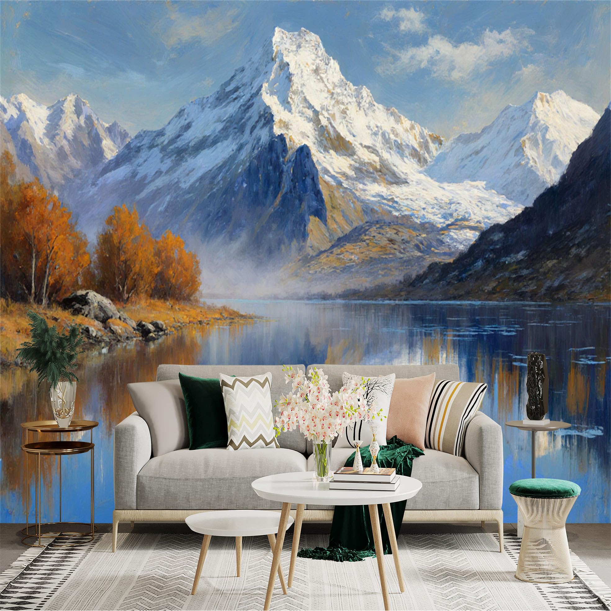 Custom Size Wall Sticker Mural， Oil Painting Landscape， Snowy Mountain Peak， Serene Lake Reflection， Autumn Trees， for wall Decoration， peelandstick wall Decals.