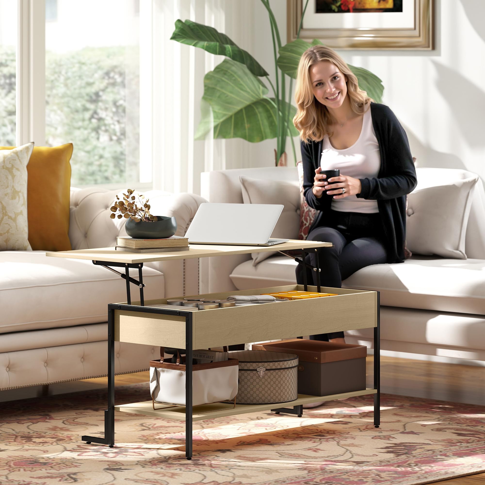 HOMCOM Table Basse avec Plateau relevable, Table de Salon Industrielle avec Compartiment caché et étagère Ouverte, Pieds renforcés en L Stable, pour Salon, Bureau, 95 x 40 x 59 cm, Effet Bois Naturel