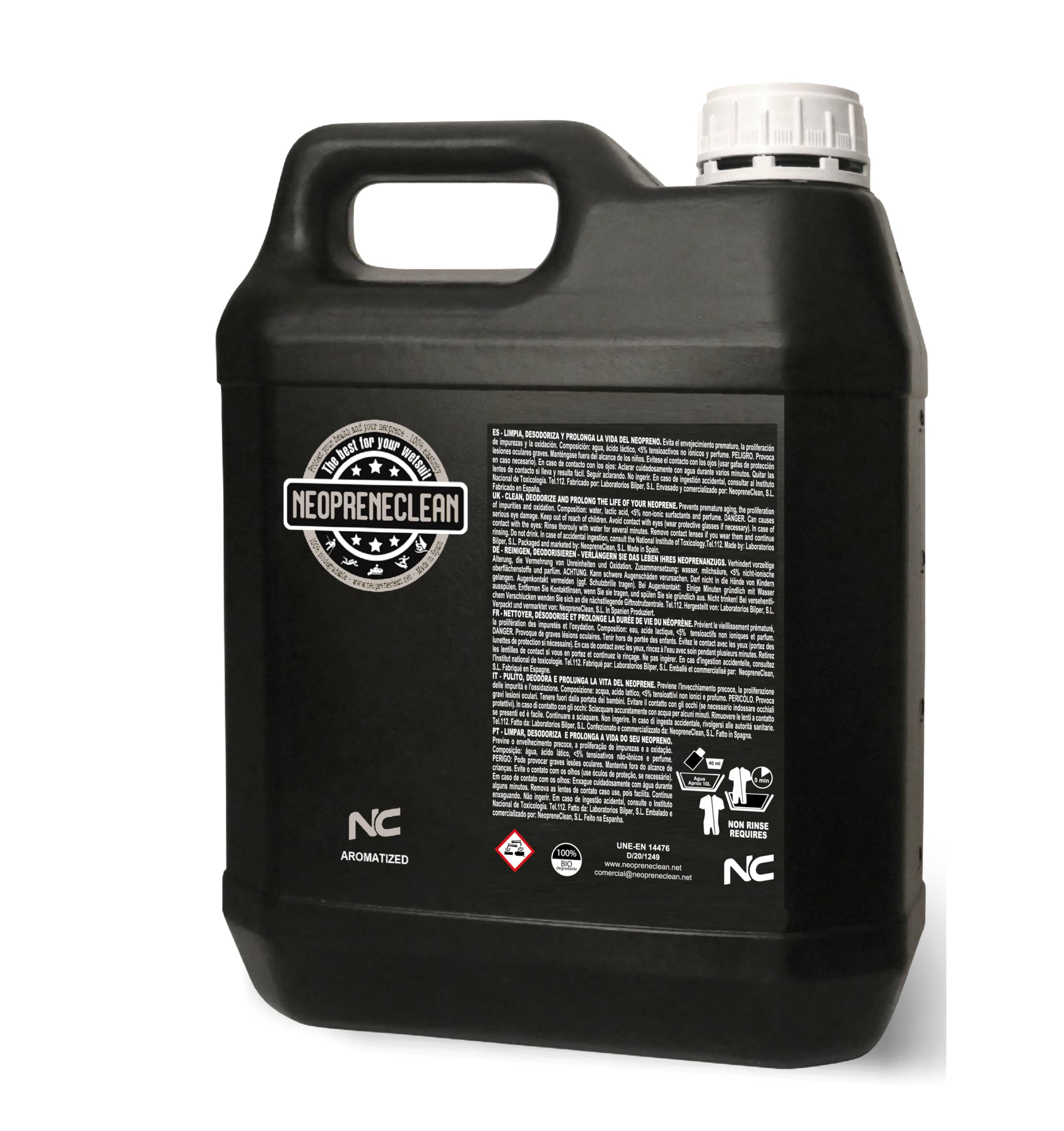 NeopreneClean 25 litri detersivo con sapone per neoprene senza risciacquo 100% Biodegradabile Prodotto consigliato da FESURFING. (25 litri, cocco)