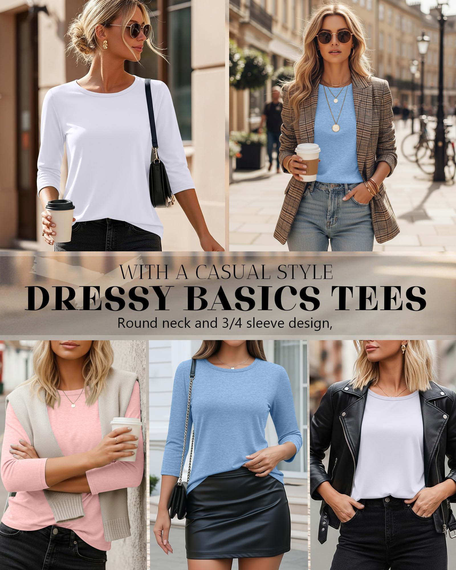 Ficerd Pack de 3 Camisetas de Manga 3/4 para Mujer Cuello Redondo Básicas Elegantes Informales Holgadas y a la Moda