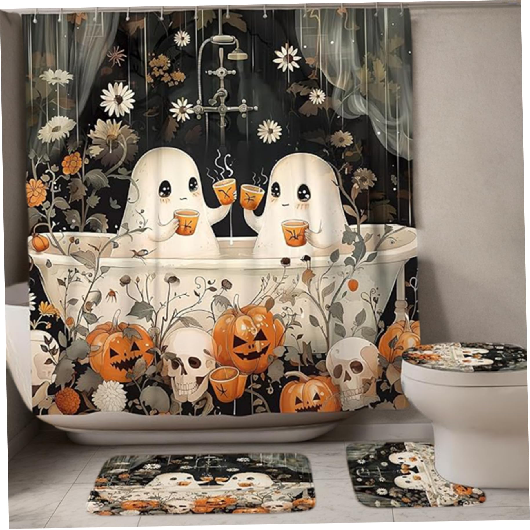 Ensemble de Rideaux de Douche d'halloween 4 PCS Ensemble Salle Bain Halloween imperméable avec Motifs effrayants Rideau Douche, Couvercle Toilette, Tapis Bain et Tapis en Forme U po