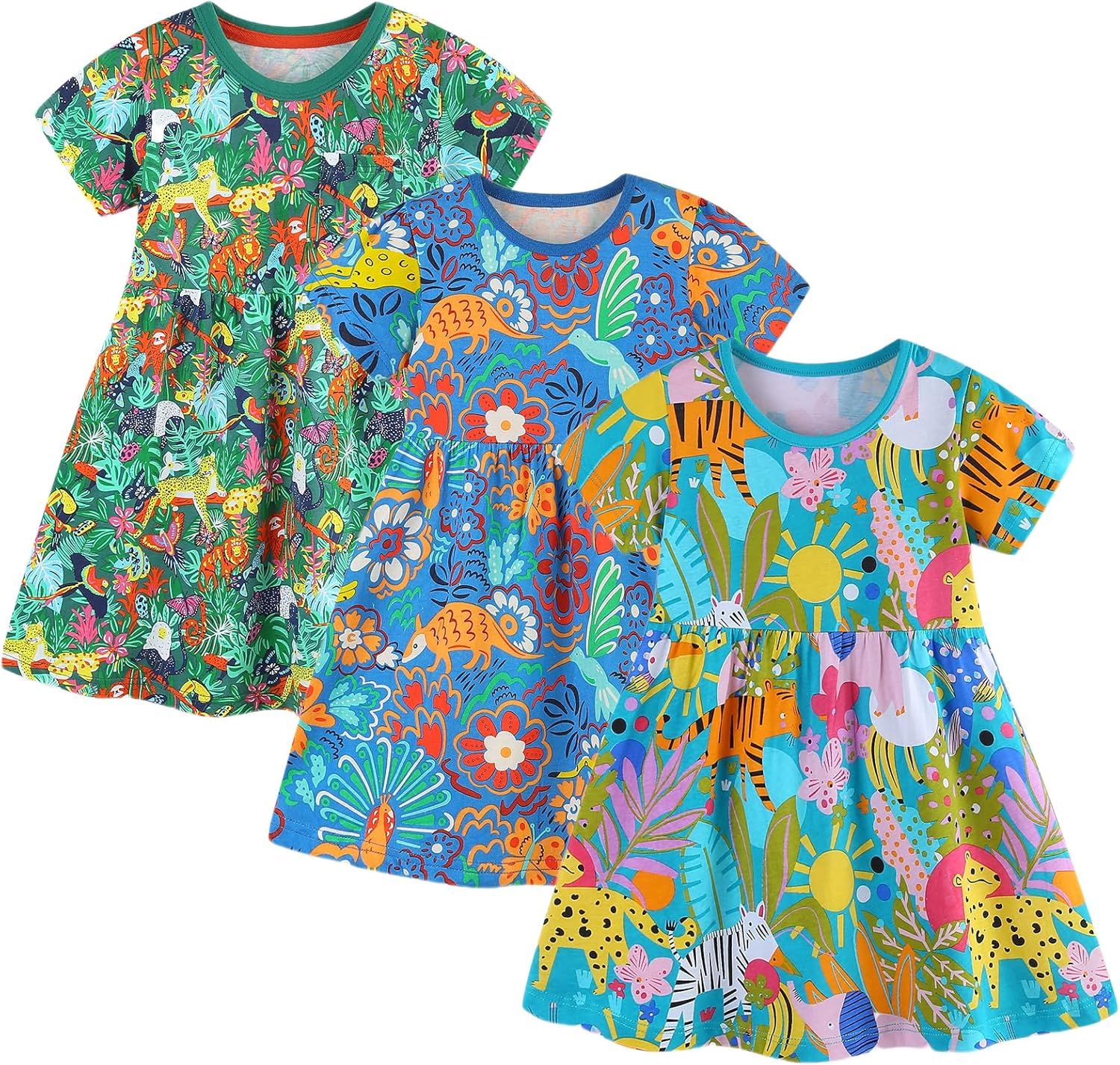 BeiVSlley Toddler Girls Dresses 3-Pack | Cotton Short Sleeve Summer Dress with Twirl Skirt | Cute Cartoon Sundress 2-7T