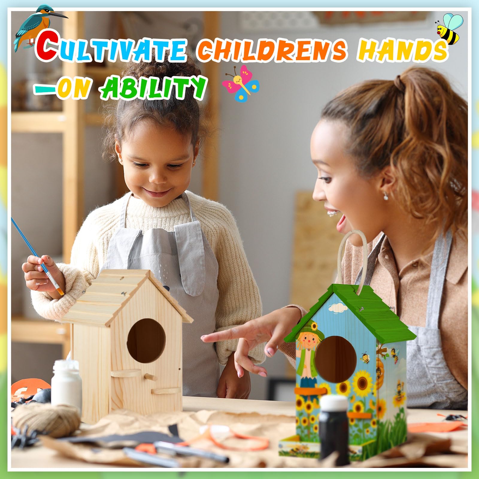 Liliful Juego de 2 casas de pájaros de madera con pintura y pinceles, kits de pintura para niños, niñas, adultos, construcción, aula, cumpleaños, interiores y exteriores