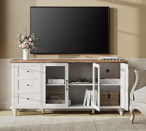 WAMPAT Soporte de TV de granja con armario de almacenamiento, soporte universal de TV de vidrio y madera, centro de entretenimiento blanco para