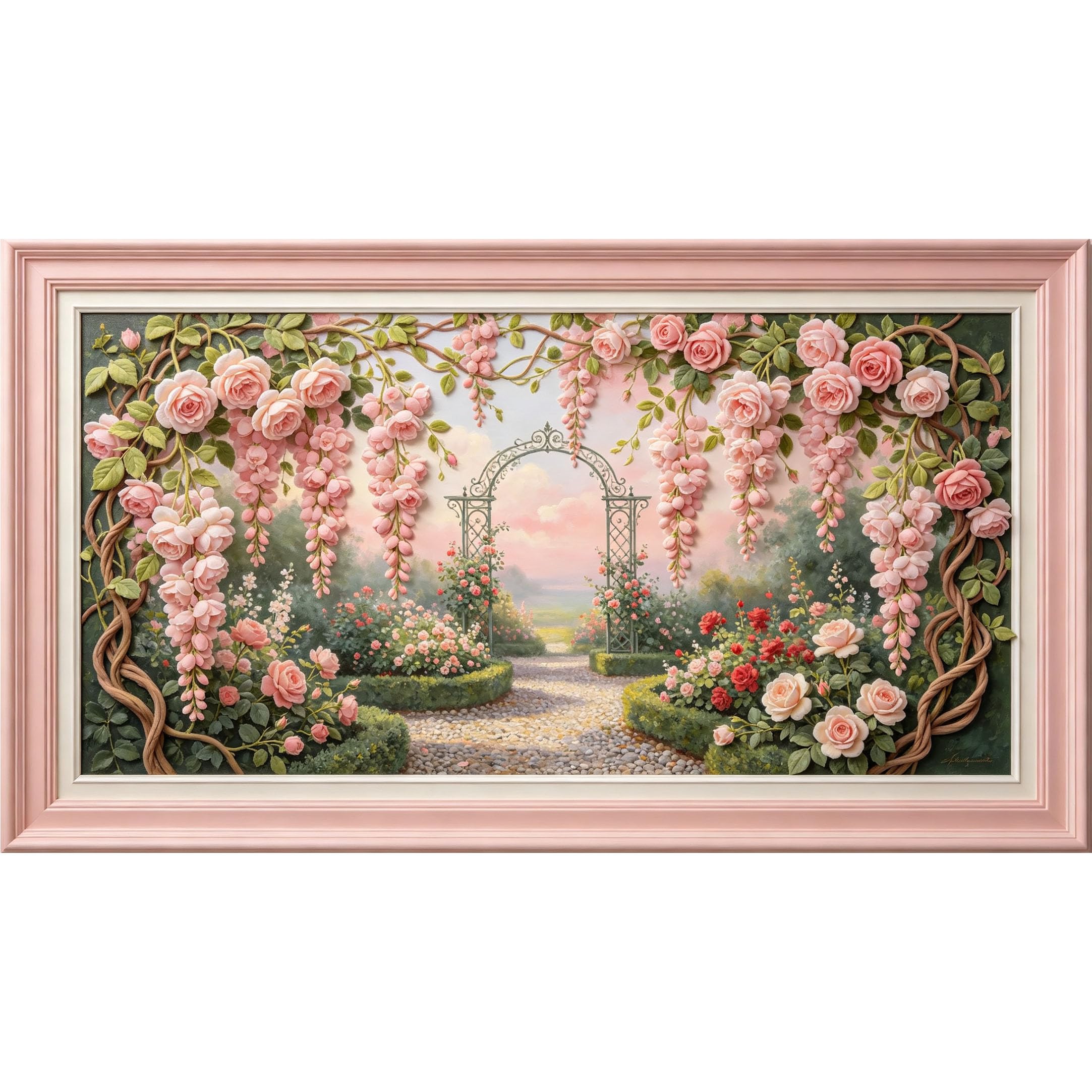 QZLITHOTIC 50x90cm3D Framed Wall Art， Romantic Rose Garden Archway Botanical Self‑Adhesive Mural， Water‑Activated Peel & Stick Fabric Decor Wall Decal for Bedroom Living Room