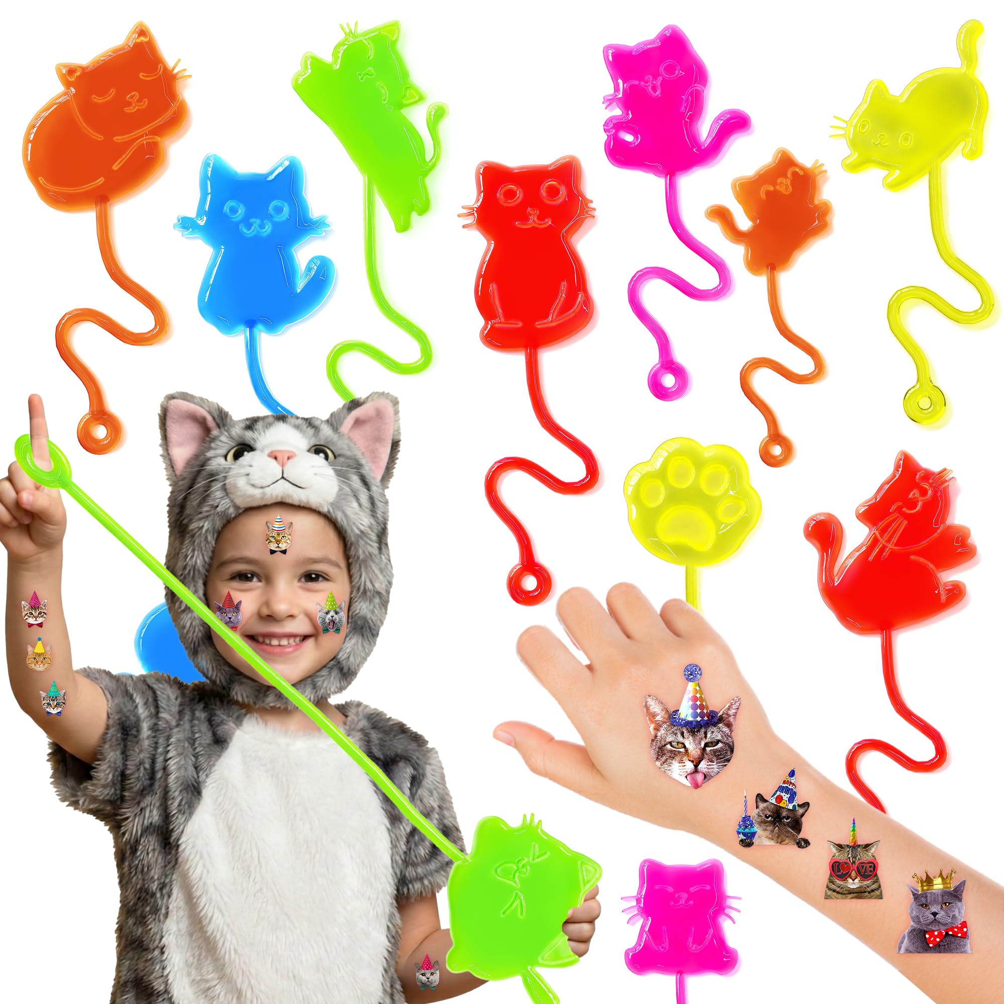 48 PCS Cat Party Favors for Kids - 24 Temporary Tattoos & 24 Stick Hands