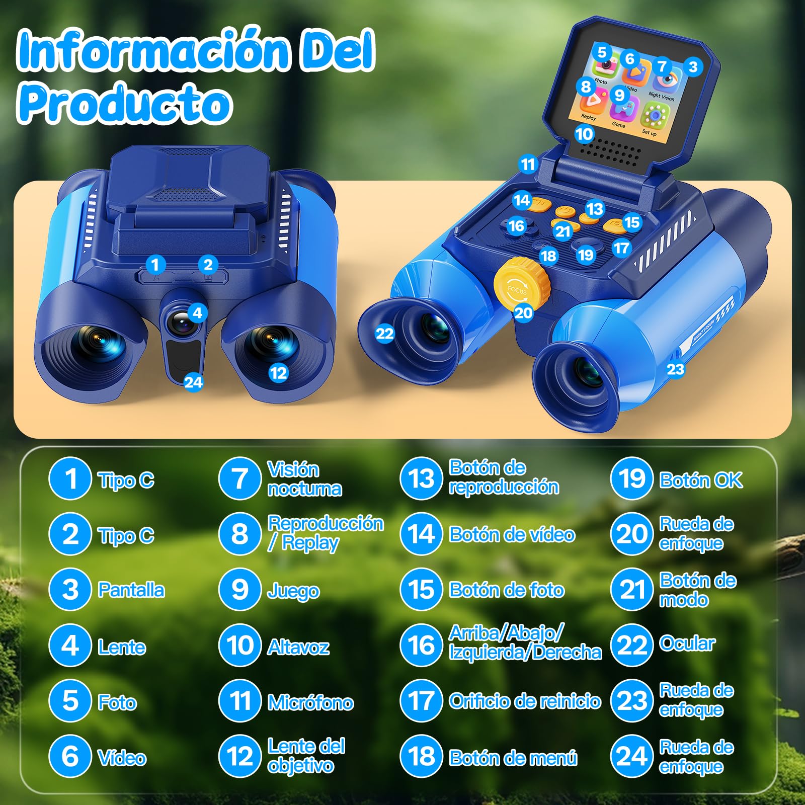 Prismaticos Niños Aventura Cámara, Prismaticos Vision Nocturna, Prismáticos de Juguete con Cámara-Fotos y Vídeos, Juegos Educativos, para Niños Acampadas, Senderismo, Exploración (Azul)