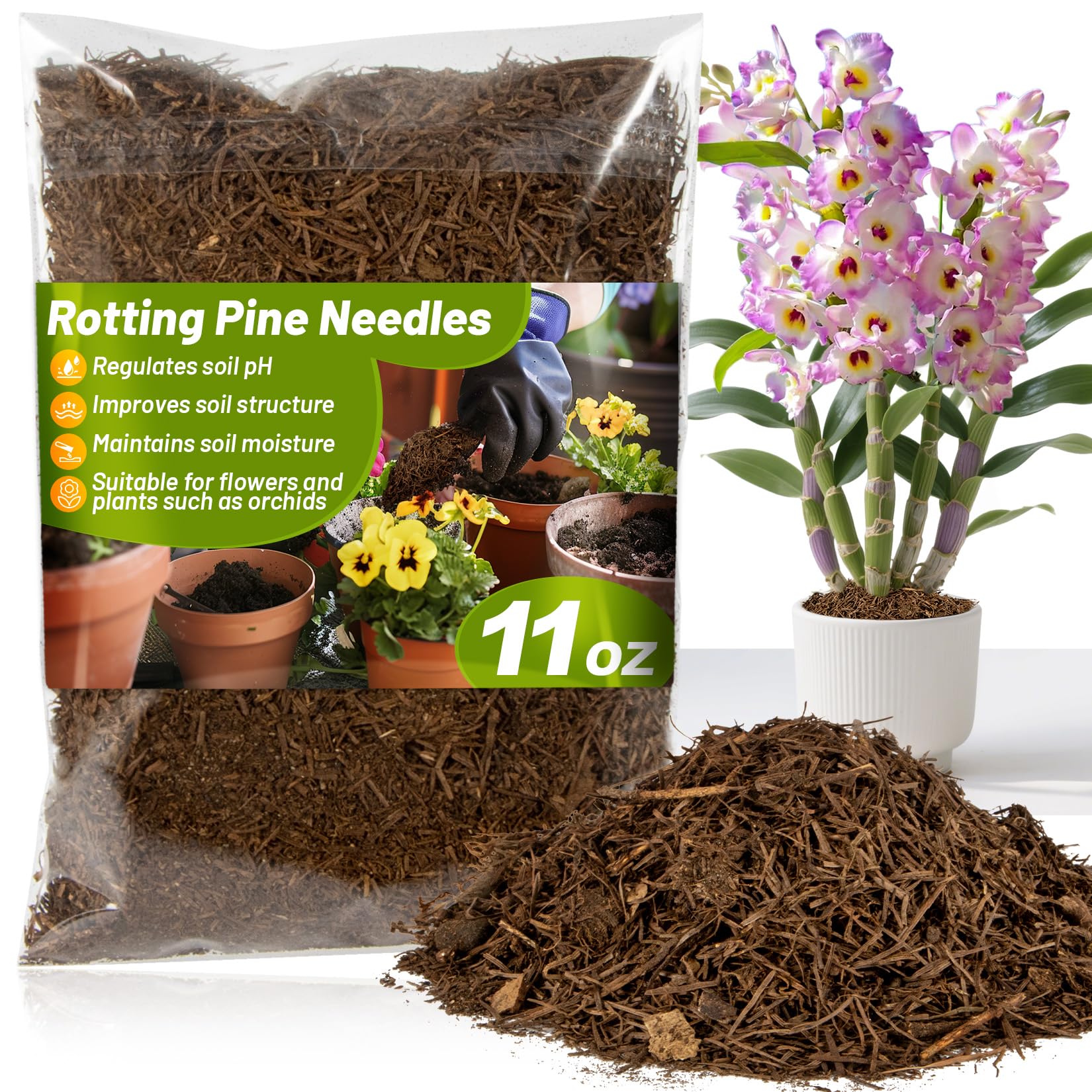 11 Oz Pine Needle Mulch for Orchid - MAQIHAN Rotting Pine Straw Mulch for Landscaping Orchid Potting Mix for Repotting Indoor Potted Plants,Gardening,Soil Moisture Retention