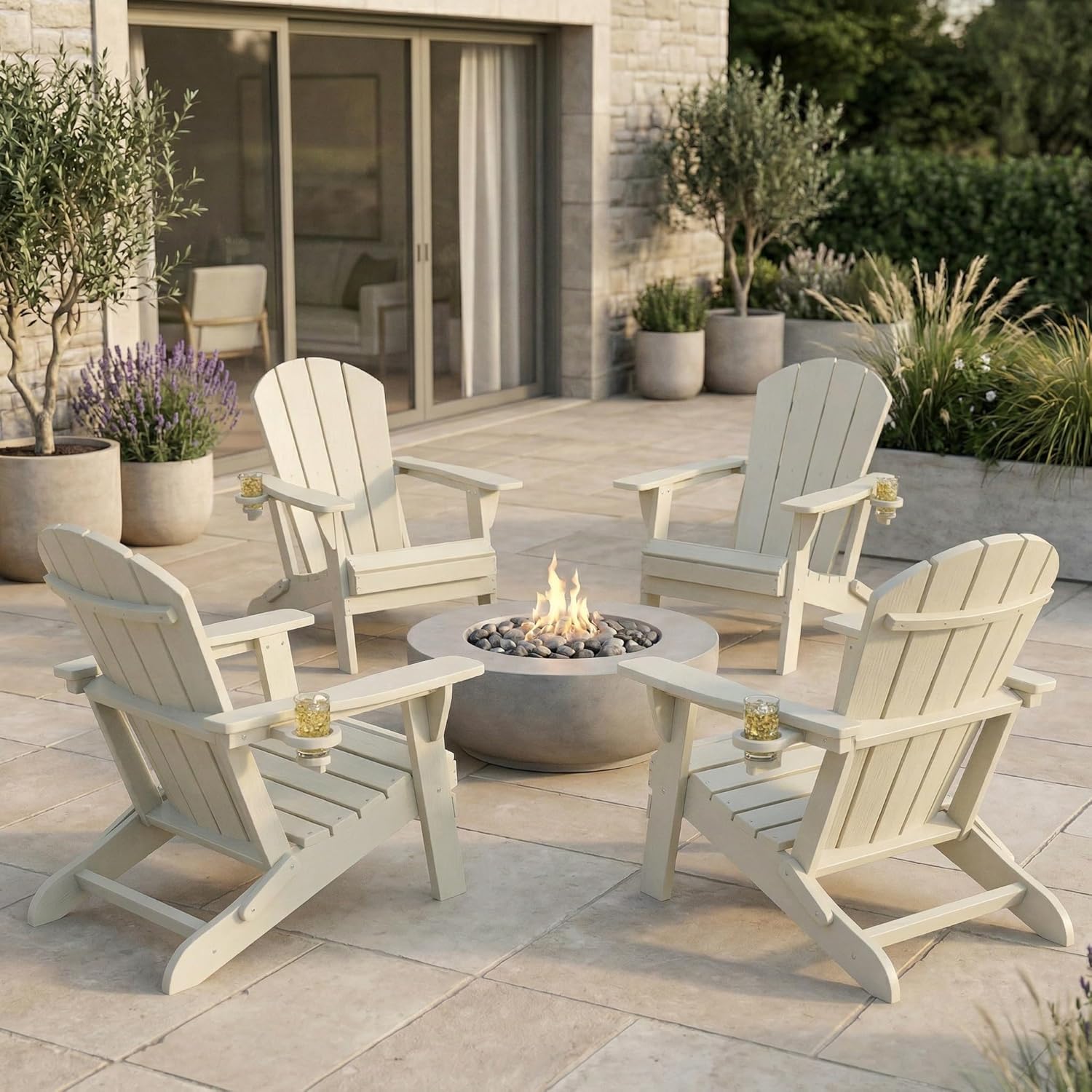 Kingdura Folding Adirondack Chairs Set of 2, Portable HDPE All Weather Resistant Outdoor Patio Chair, Wooden Textured with Cup Holder, 380LBS Capacity for Poolside, Backyard, Fire Pit (White)