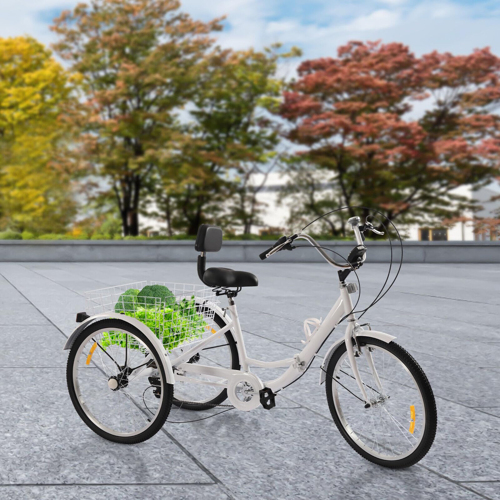 Triciclo para adultos de 24 pulgadas, plegable, 3 ruedas, 7 velocidades, con luz LED, cesta de verduras, para hombres, mujeres y ancianos