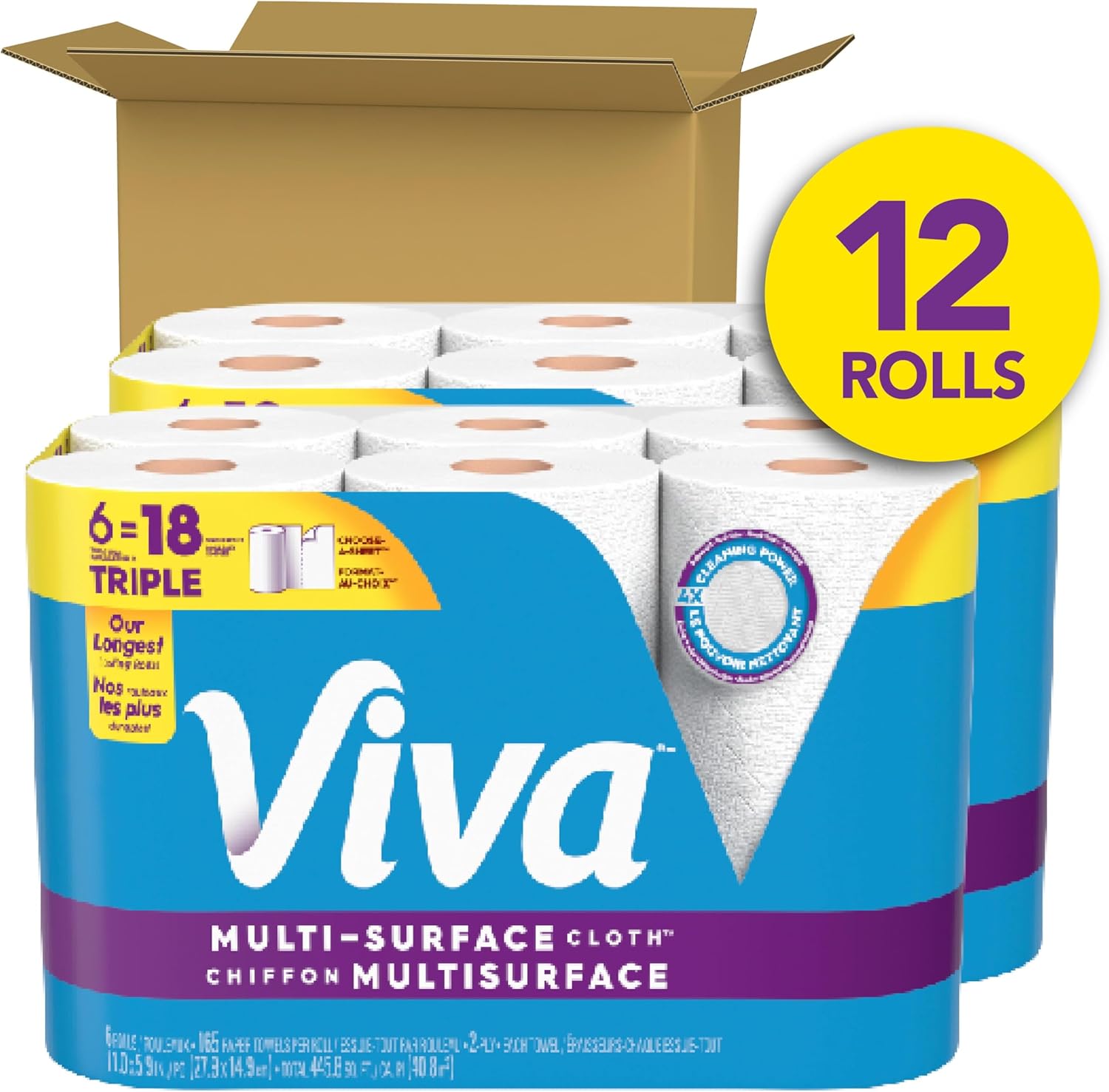 Viva Multi-Surface Cloth Paper Towels, Choose-A-Sheet Size, 12 Triple Rolls, 165 Sheets per Roll (Packaging May Vary)